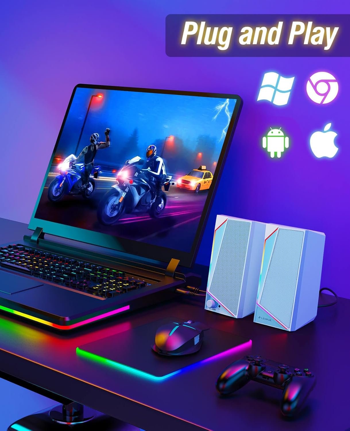 LENRUE Computer Speakers, USB/USB-C Powered PC Speakers with Loud Stereo Sound, Headphone-in for Desktop, Laptop, Monitor (USB-C to USB Adapter Included) - Image 6