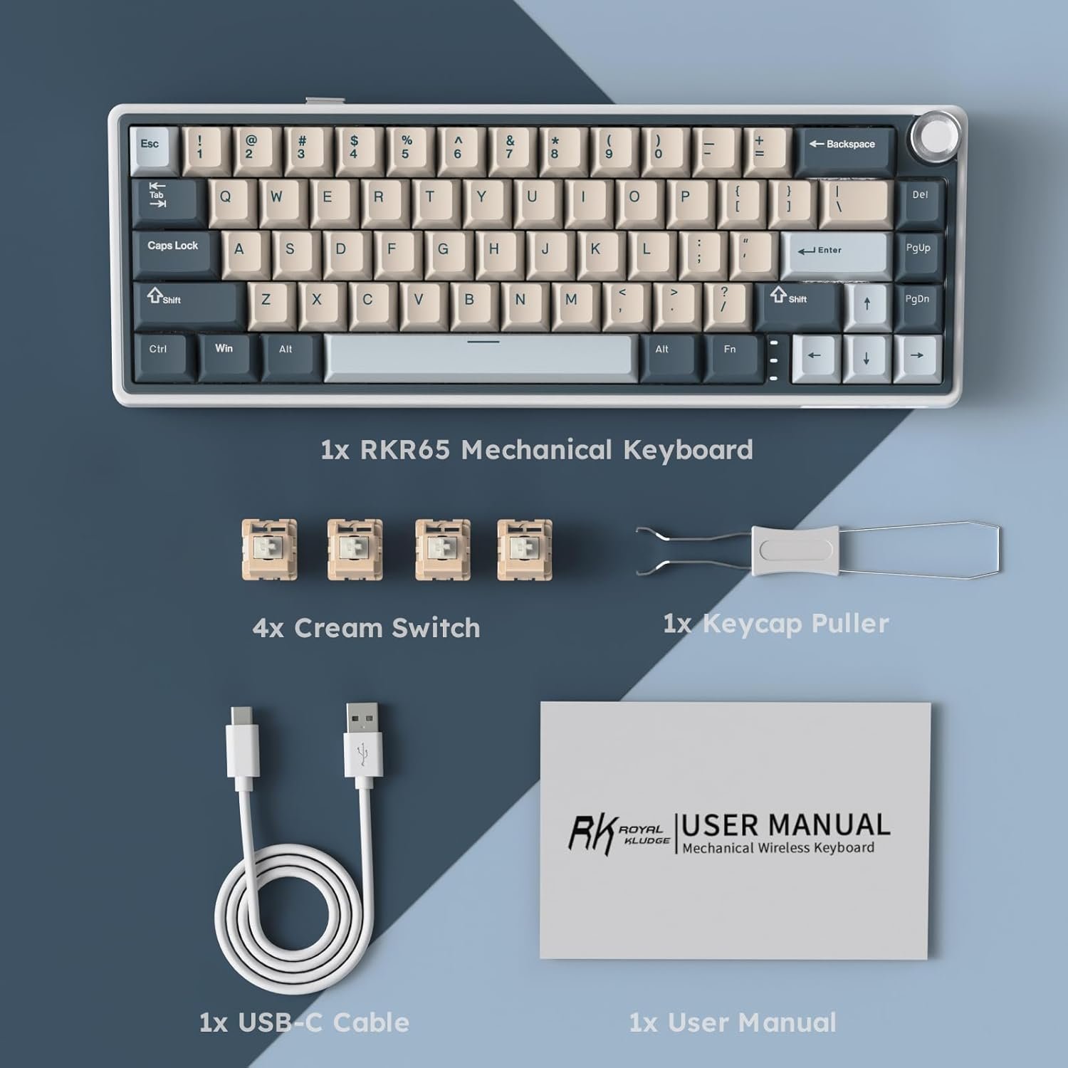 RK ROYAL KLUDGE R65 Wireless Mechanical Keyboard with Volume Knob, Tri-Mode 2.4G/USB-C/BT Gasket Mounted 60% Gaming Keyboard with 66Keys, PBT Keycaps, VIA, Hot Swappable Cream Switch, Blue - Image 10