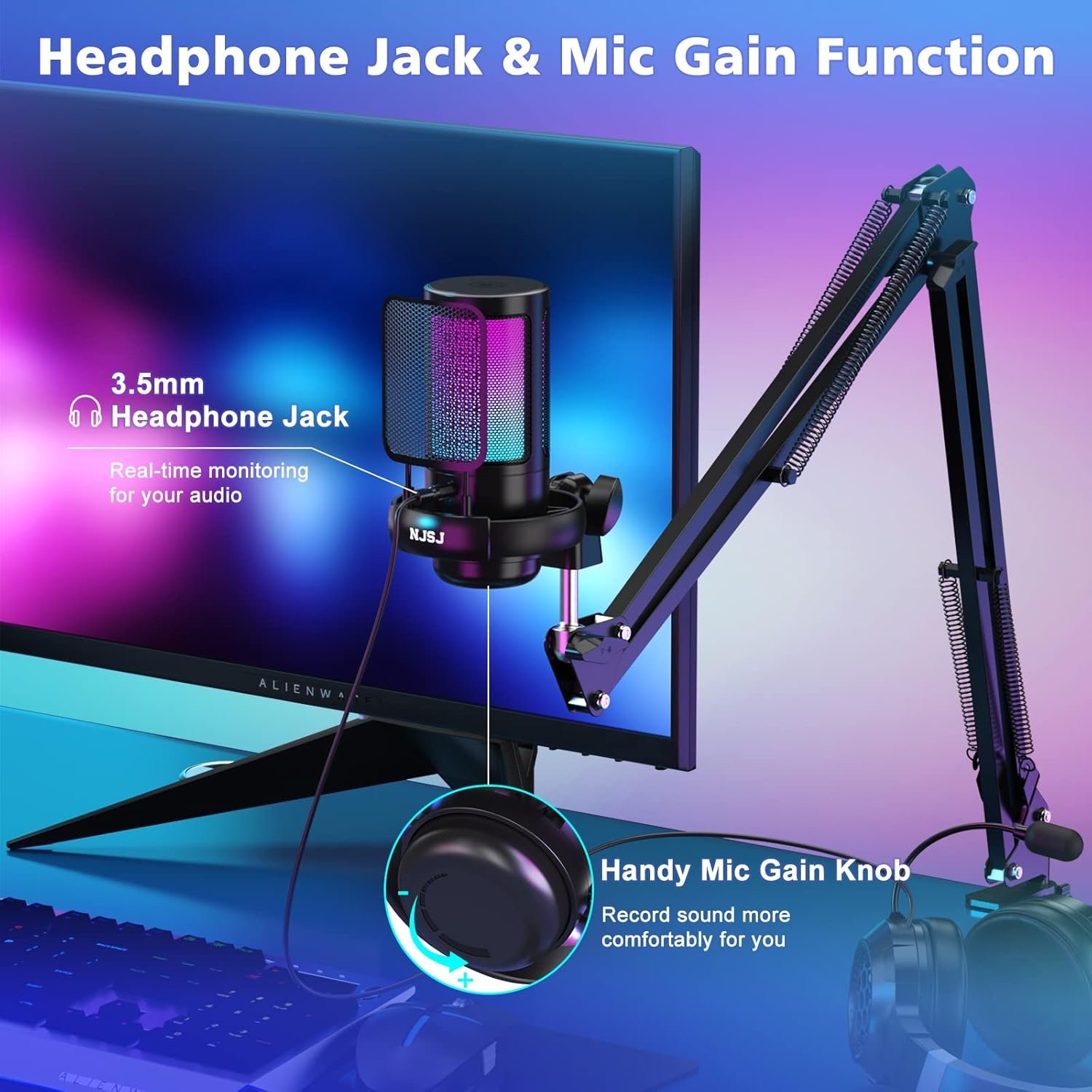 NJSJ USB Gaming Microphone for PC, Condenser Mic with Boom Arm for PS4/ PS5/ Mac/Phone with Touch Mute, RGB Lighting,Gain knob & Monitoring Jack for Streaming,Podcasting,YouTube - Image 6