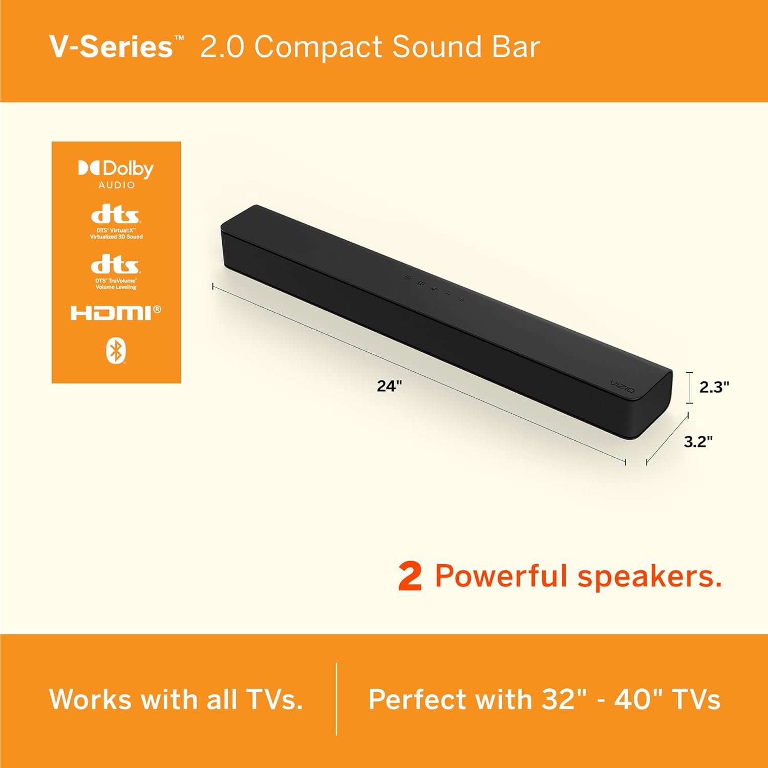 VIZIO V-Series 2.0 Compact Sound Bar with Dolby Audio, DTS:X, Bluetooth V20x-J8 - Image 3