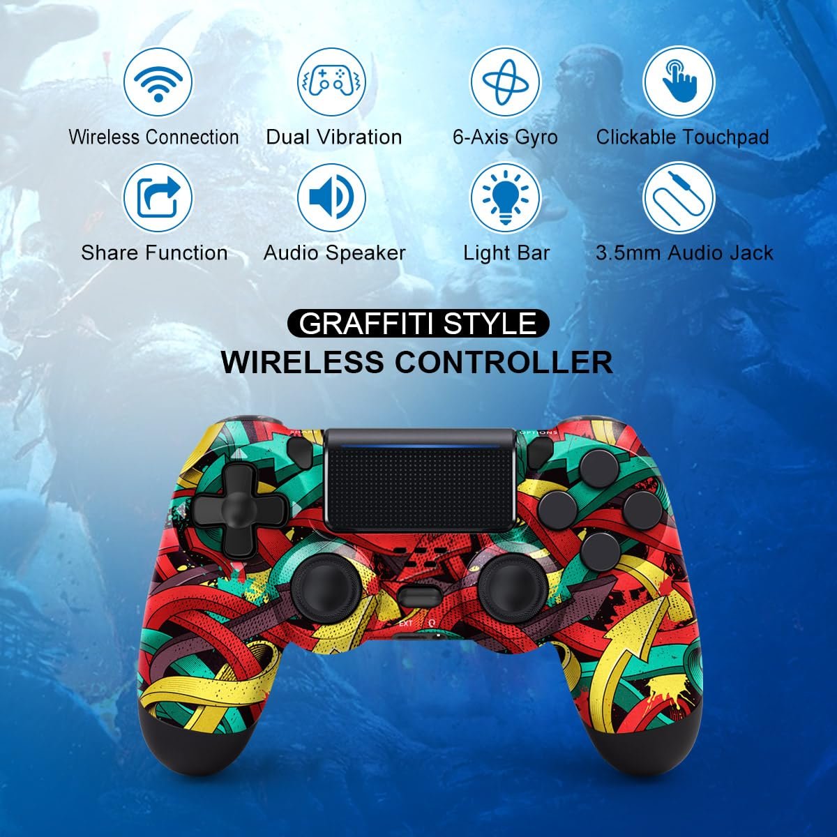 MOOGOLE Wireless Controller for PS4, with USB C Cable/1000mAh Battery/Dual Motors/6-Axis Gyro/3.5mm Audio Jack/Multi Touch Pad/Share Button, Compatible with PS4/Slim/Pro/PC (Colorful Arrows) - Image 3