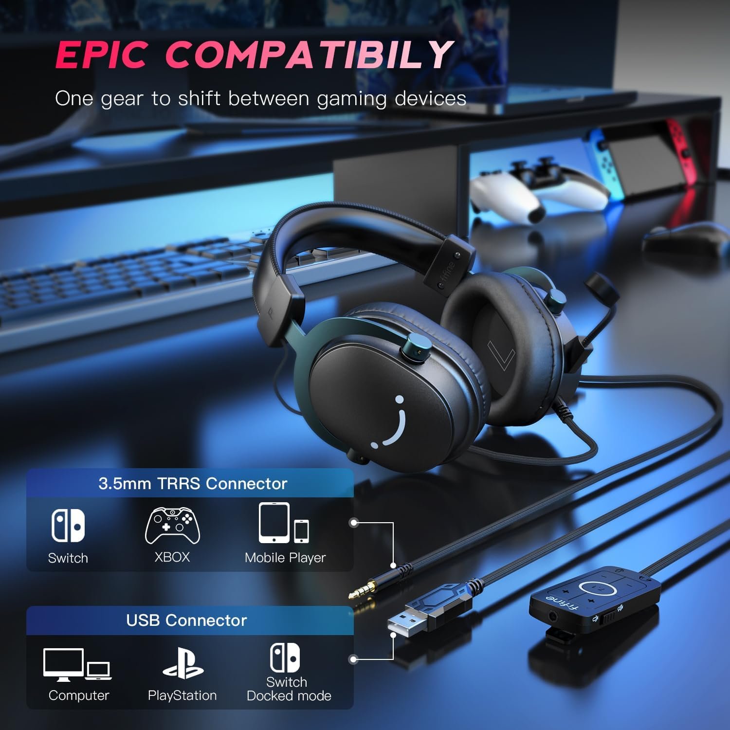 FIFINE PC Gaming Headset, USB Headset with 7.1 Surround Sound, Detachable Microphone, Control Box, 3.5mm Headphones Jack, Over-Ear Wired Headphones for PS5/Xbox/Switch, Black-AmpliGame H9 - Image 3