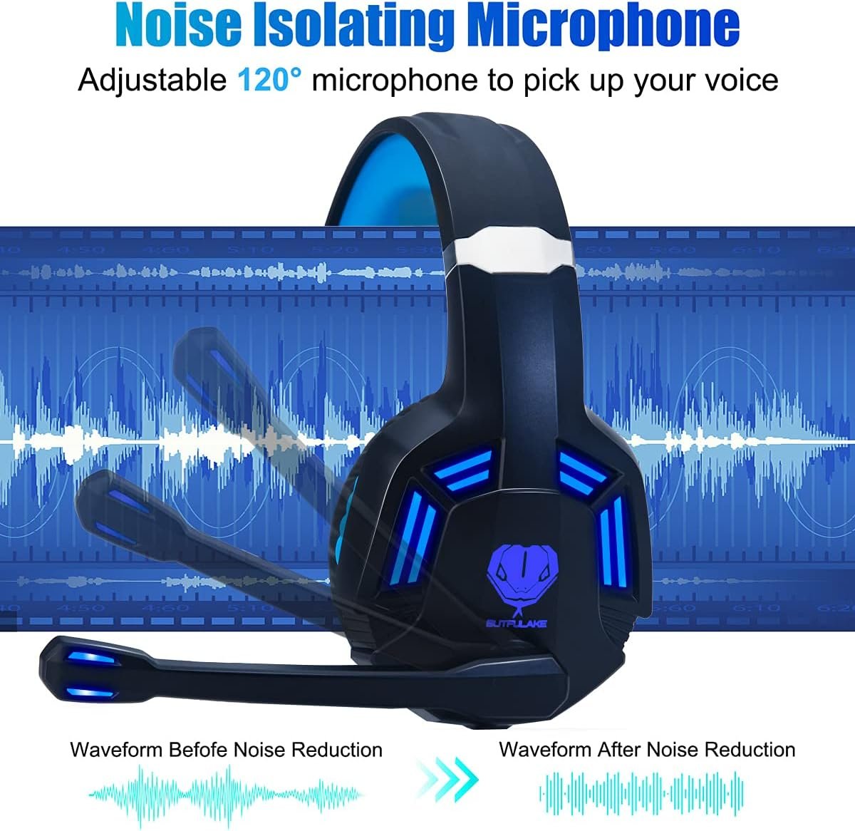 Gaming Headset for PS4, PC, Xbox One, PS5, for Nintendo Switch, Wired Over Ear Headphones with Stereo Surround Sound, Noise-Cancelling Microphone, LED Lights for Kids Adults, Black Blue - Image 4