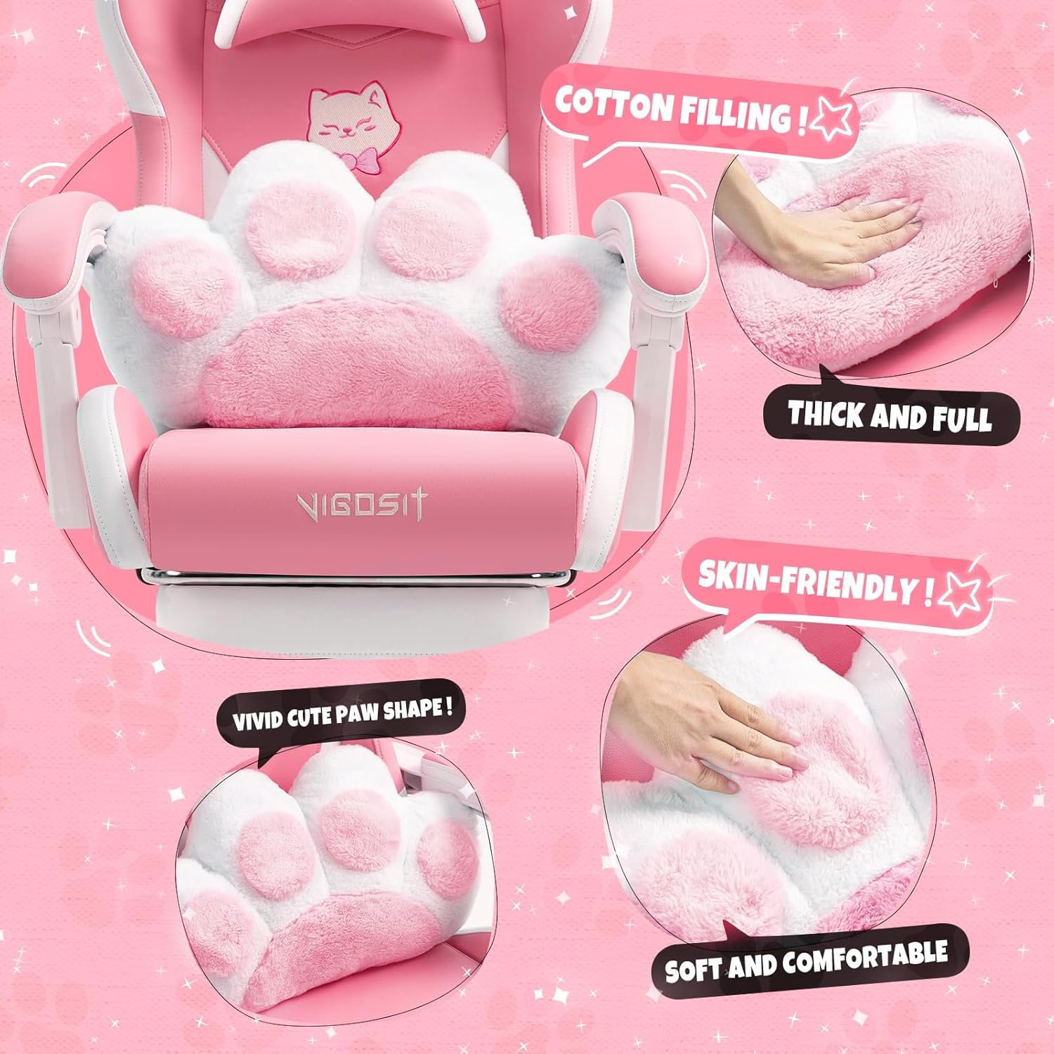 Pink Gaming Chair with Cat Paw Lumbar Cushion and Cat Ears, Ergonomic Computer Chair with Footrest, Reclining PC Game Chair for Girl, Teen - Image 5