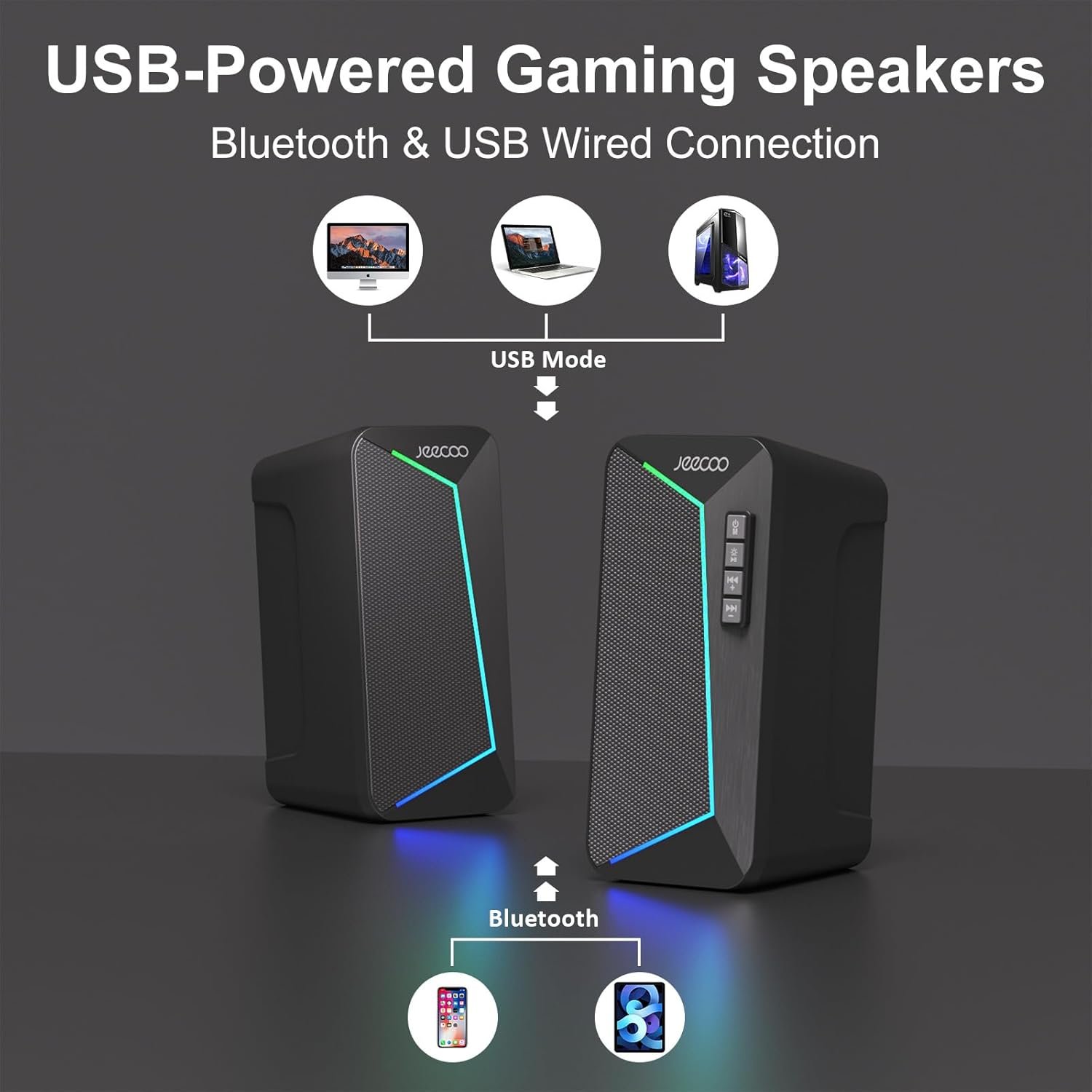 Jeecoo M30 Bluetooth Computer Speakers, PC Gaming Speakers for Desktop with Crisp Stereo Sound, Dynamic LED Modes, Easy-Access Control, 10W - USB-Powered - Image 6