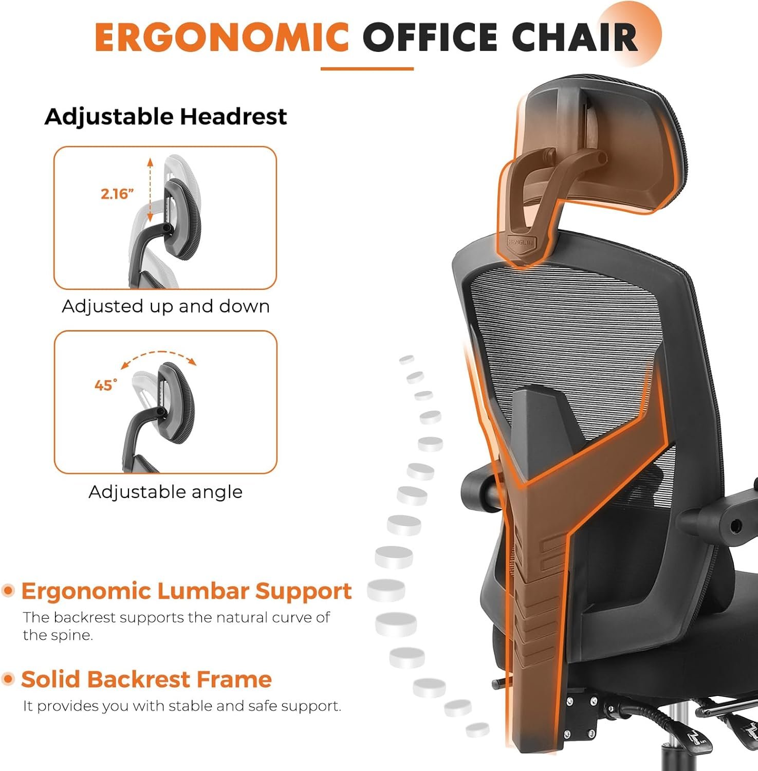 Sweetcrispy Office Computer Desk Chair, Ergonomic High-Back Mesh Rolling Work Swivel Chairs with Wheels, Comfortable Lumbar Support, Comfy Arms for Home, Bedroom, Study, Student, Black - Image 5