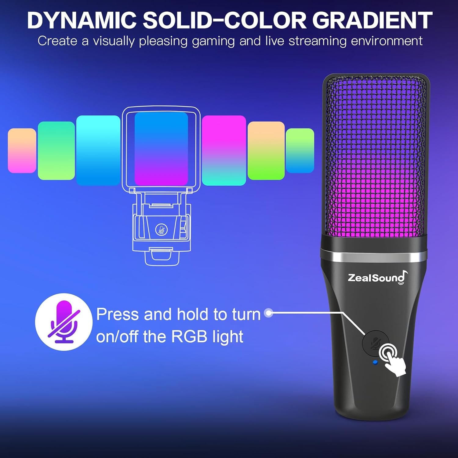ZealSound Gaming USB Microphone for PC,RGB Condenser Computer Mic with Tripod Stand,Quick Mute,Gain Control for Gaming,Streaming,Podcasting,Recording,ASMR,Cardioid Mic Kit for Laptop/PS4/PS5/Phone - Image 3
