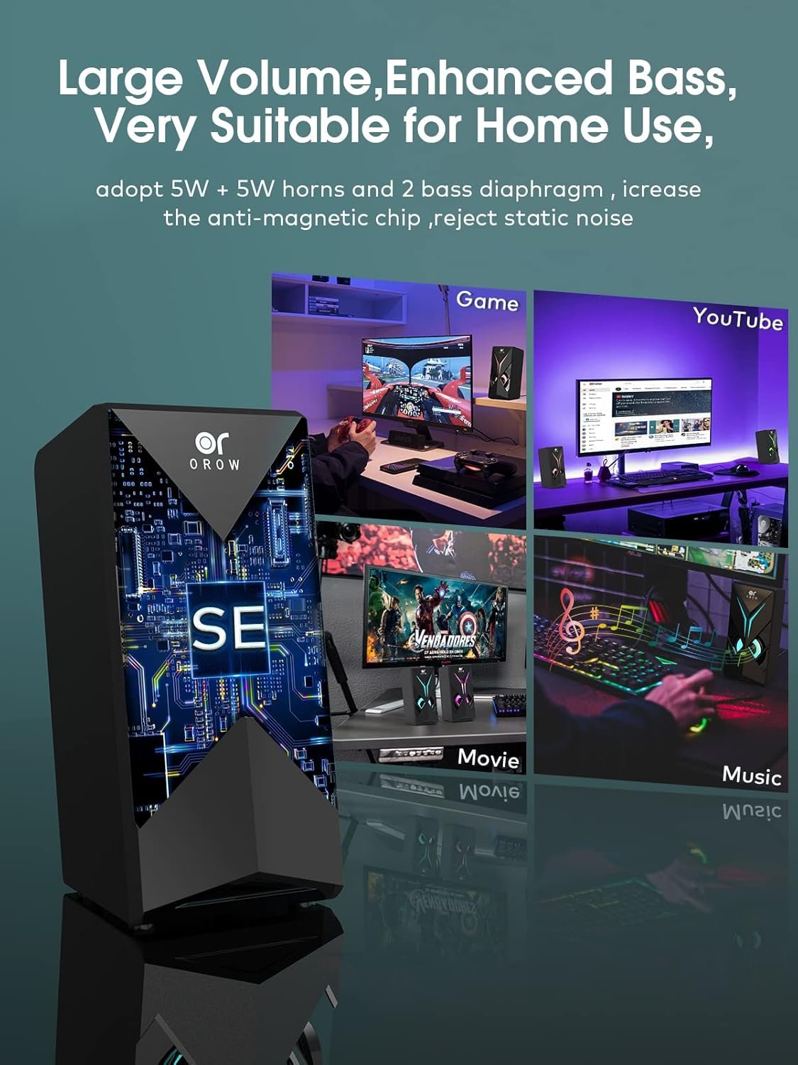 OROW 10W RGB Computer Speakers with Volume Control, Colorful LED Gaming Speakers for PC/Desktop/Laptop/Monitor, 3.5mm Aux Input, Lights On/Off Option (S201) - Image 5