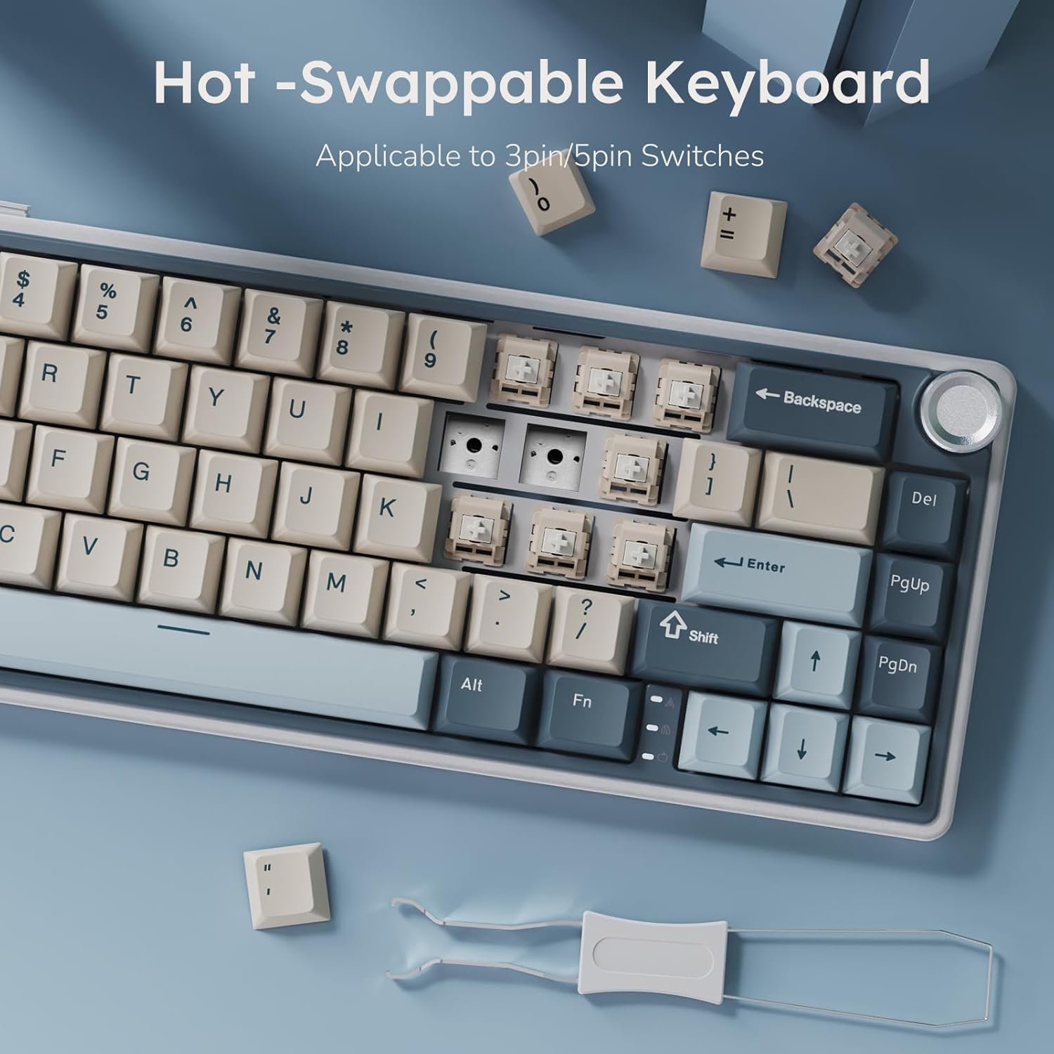 RK ROYAL KLUDGE R65 Wireless Mechanical Keyboard with Volume Knob, Tri-Mode 2.4G/USB-C/BT Gasket Mounted 60% Gaming Keyboard with 66Keys, PBT Keycaps, VIA, Hot Swappable Cream Switch, Blue - Image 9