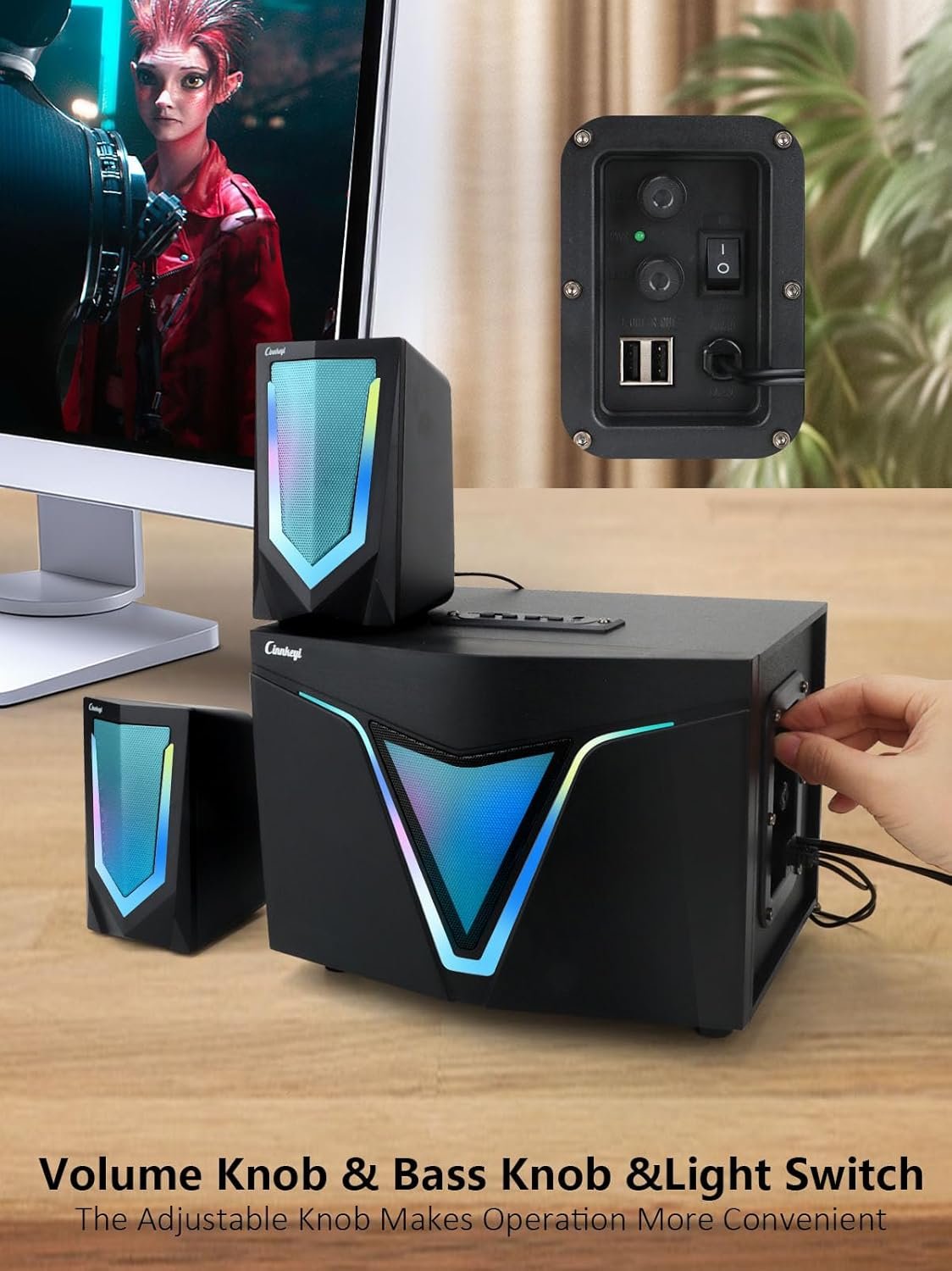 2.1 USB-Powered Computer Speaker with Subwoofer,Computer Speakers with 9'' subwoofer-Dual 4.7'' mid-Treble Full-Range Satellites for PC,Speaker with Dynamic RGB,Up to 16W, 3.5mm Inputs - Image 5