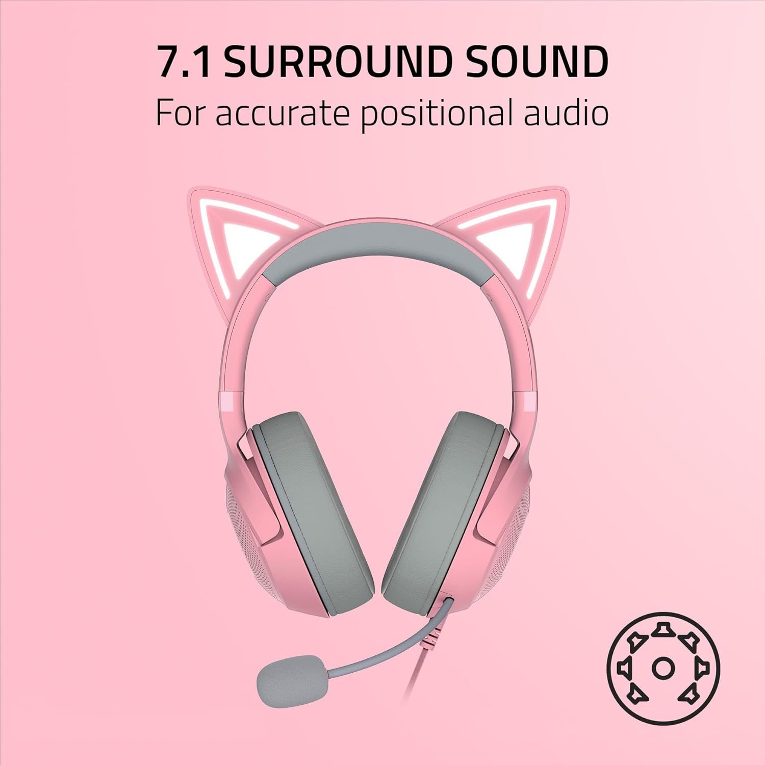 Razer Kraken Kitty V2 USB Wired Headset: Chroma RGB Kitty Ears - Stream Reactive Lighting - HyperClear Cardioid Mic - 40 mm Drivers - 7.1 Surround Sound - Comfortable Ear Cushions - Quartz Pink - Image 7