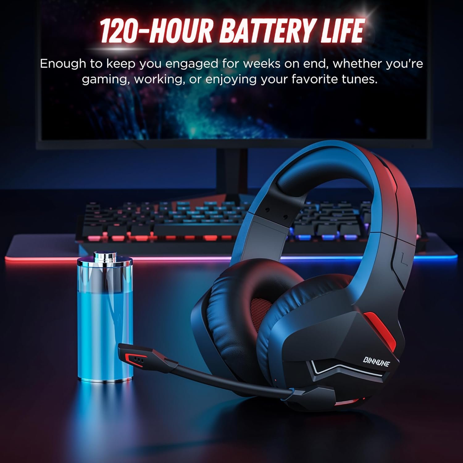 BINNUNE Wireless Gaming Headset with Microphone for PC PS4 PS5, 2.4G Wireless Bluetooth USB Gamer Headphones with Mic for Laptop Computer - Image 6