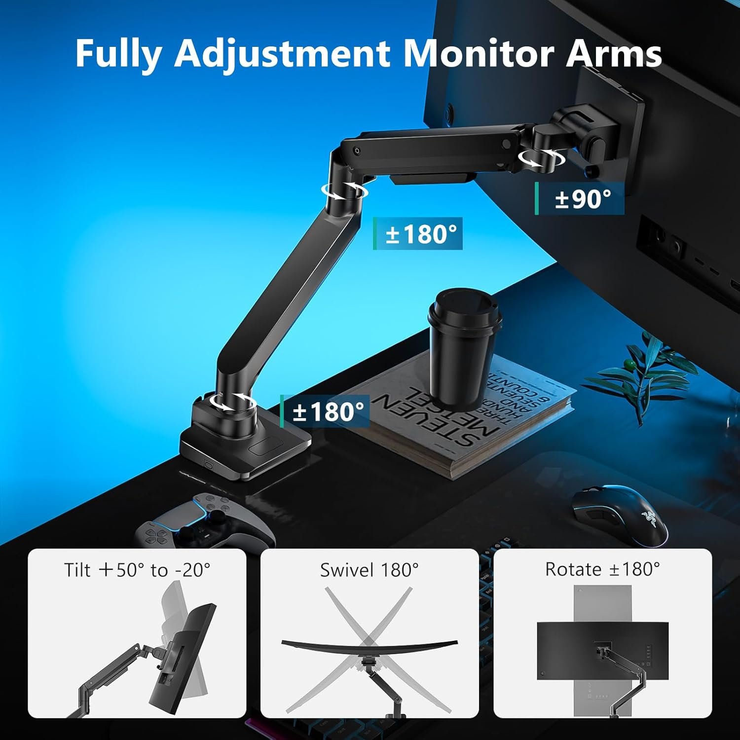 WALI Single Monitor Gas Spring Desk Mount, Heavy Duty Monitor Arm for Ultrawide Screen up to 49 inch, 44 lbs with USB. Fully Adjustable, Mounting Holes 75 and 100 (GSMU001XL), Black - Image 5
