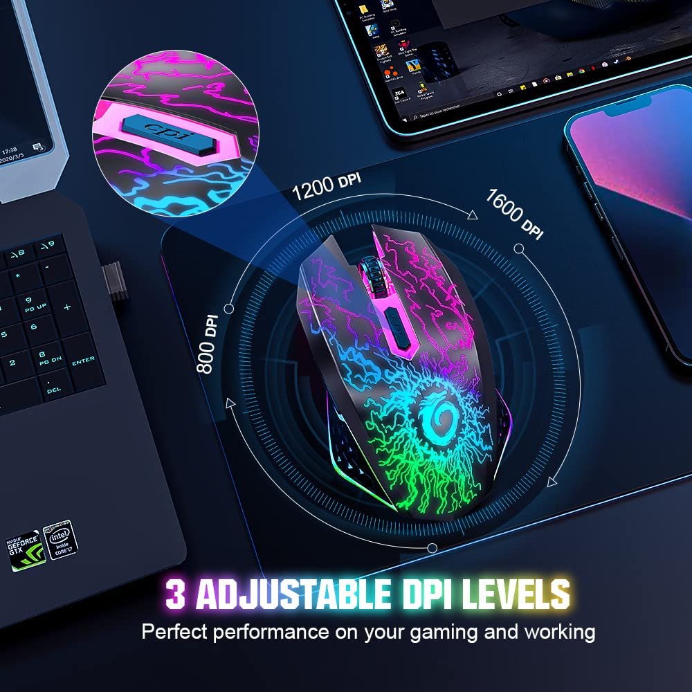 VersionTECH. Wireless Gaming Mouse, Rechargeable Computer Mouse Mice with Colorful LED Lights, Silent Click, 2.4G USB Nano Receiver, 3 Level DPI for PC Gamer Laptop Desktop Chromebook Mac-Black - Image 4