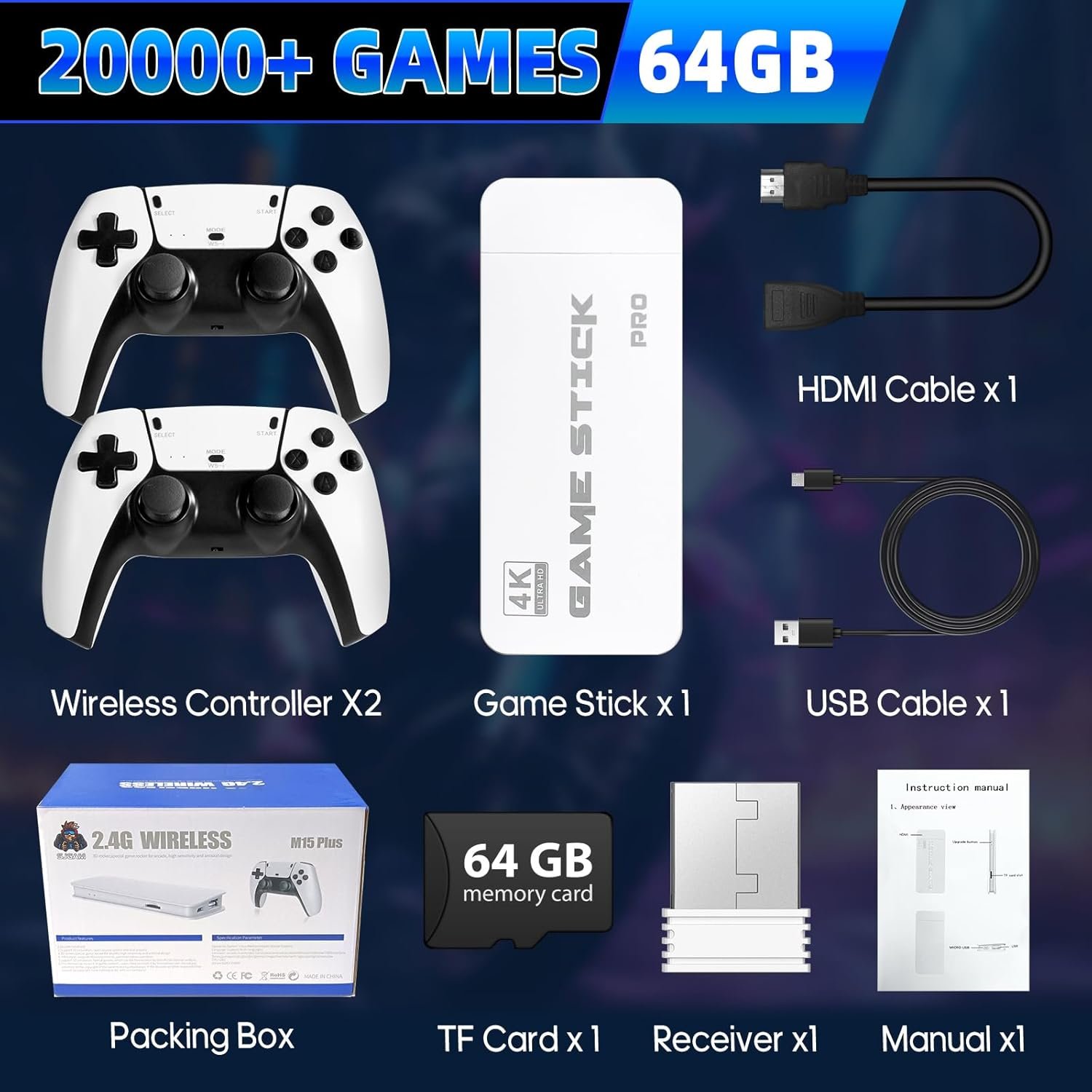 Retro Game Stick, 4K Wireless Retro Game Console with Built-in 20000+ Games and 23 Classic Emulators,Dual 2.4GHz Wireless Controllers,Plug and Play Video Games for TV(White) - Image 7