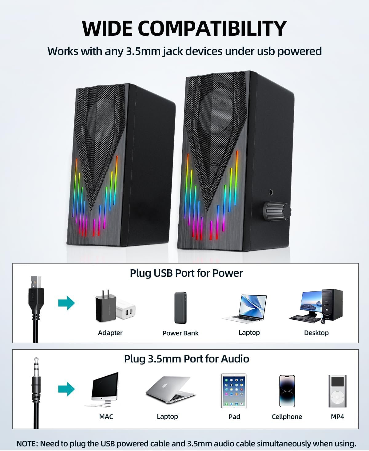 Computer Speakers,Computer Speakers for Desktop PC,Computer Speakers for Laptop, with 6 Colorful RGB Lights,3.5mm Aux Computer Speakers for PC/Laptop/Tablet Phone(E1065), Black - Image 6