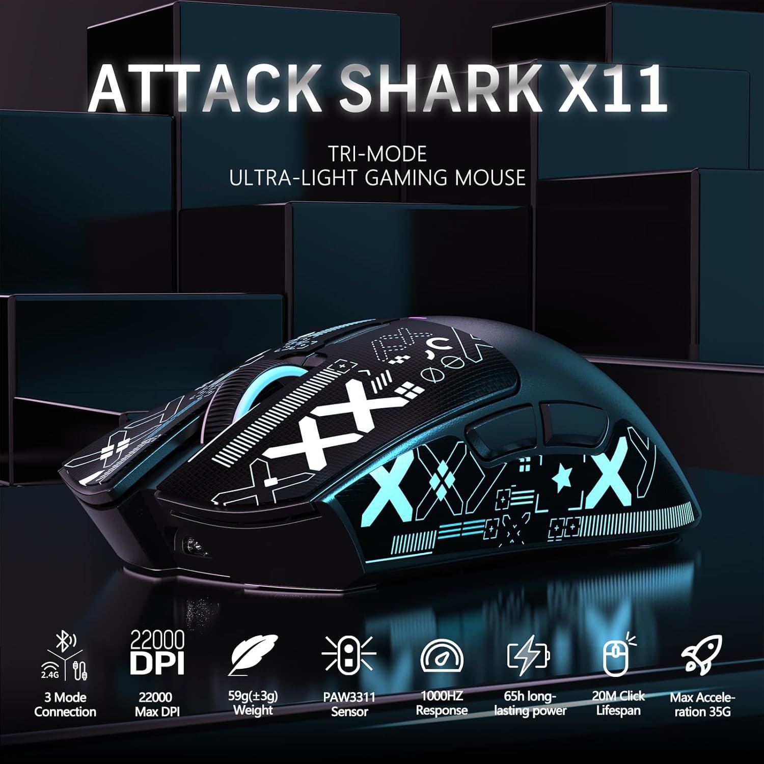 MAGIC-REFINER Attack Shark X11 59g Superlight Wireless Gaming Mouse with Grip Tape, RGB Charging Dock,BT/2.4G Wireless/Wired Pc Mouse, 22000 DPI,5 Programmable Buttons for Pc/Mac(Black) - Image 3