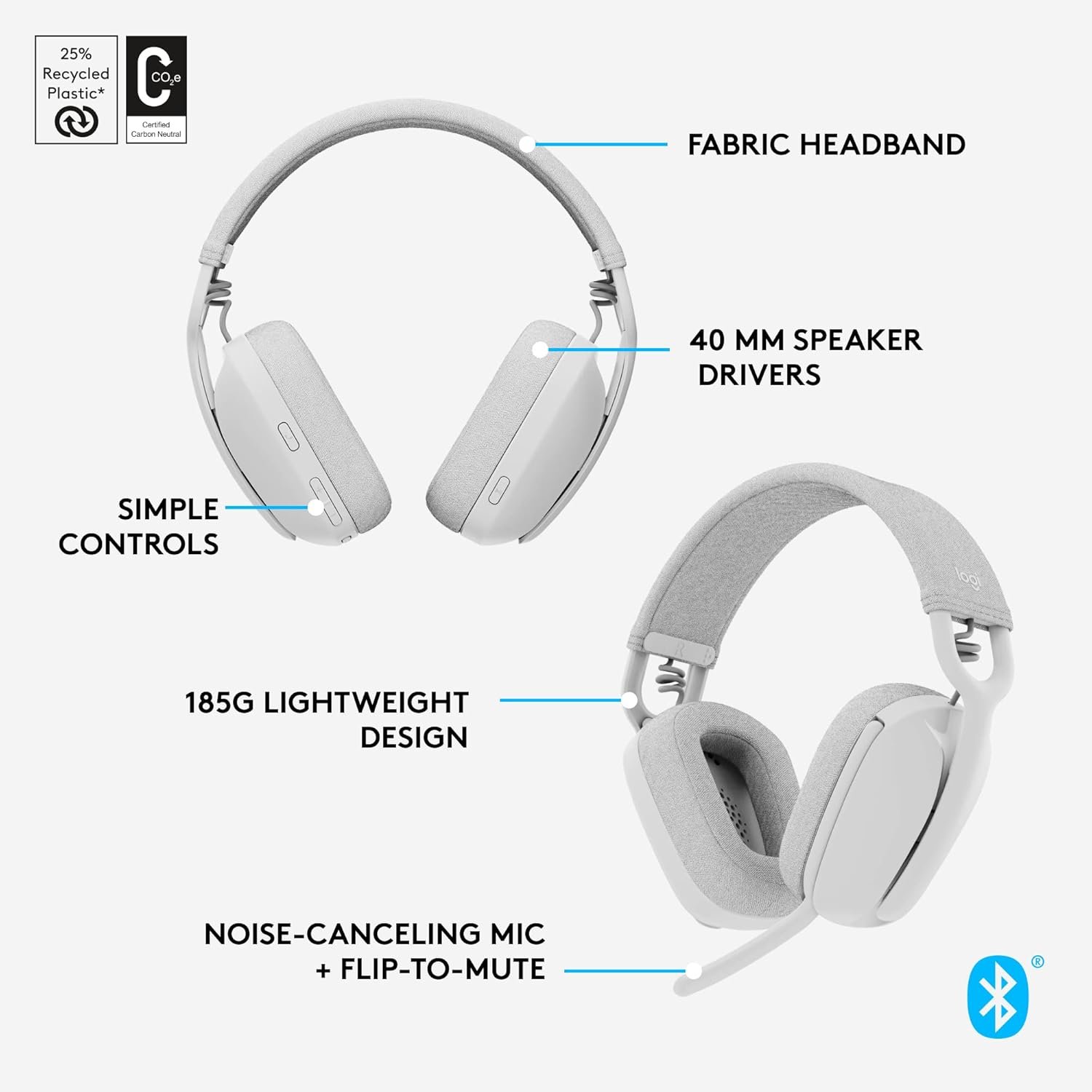 Logitech Zone Vibe 100 Lightweight Wireless Over Ear Headphones with Noise Canceling Microphone, Advanced Multipoint Bluetooth Headset, Works with Teams, Google Meet, Zoom, Mac/PC - Off White - Image 8
