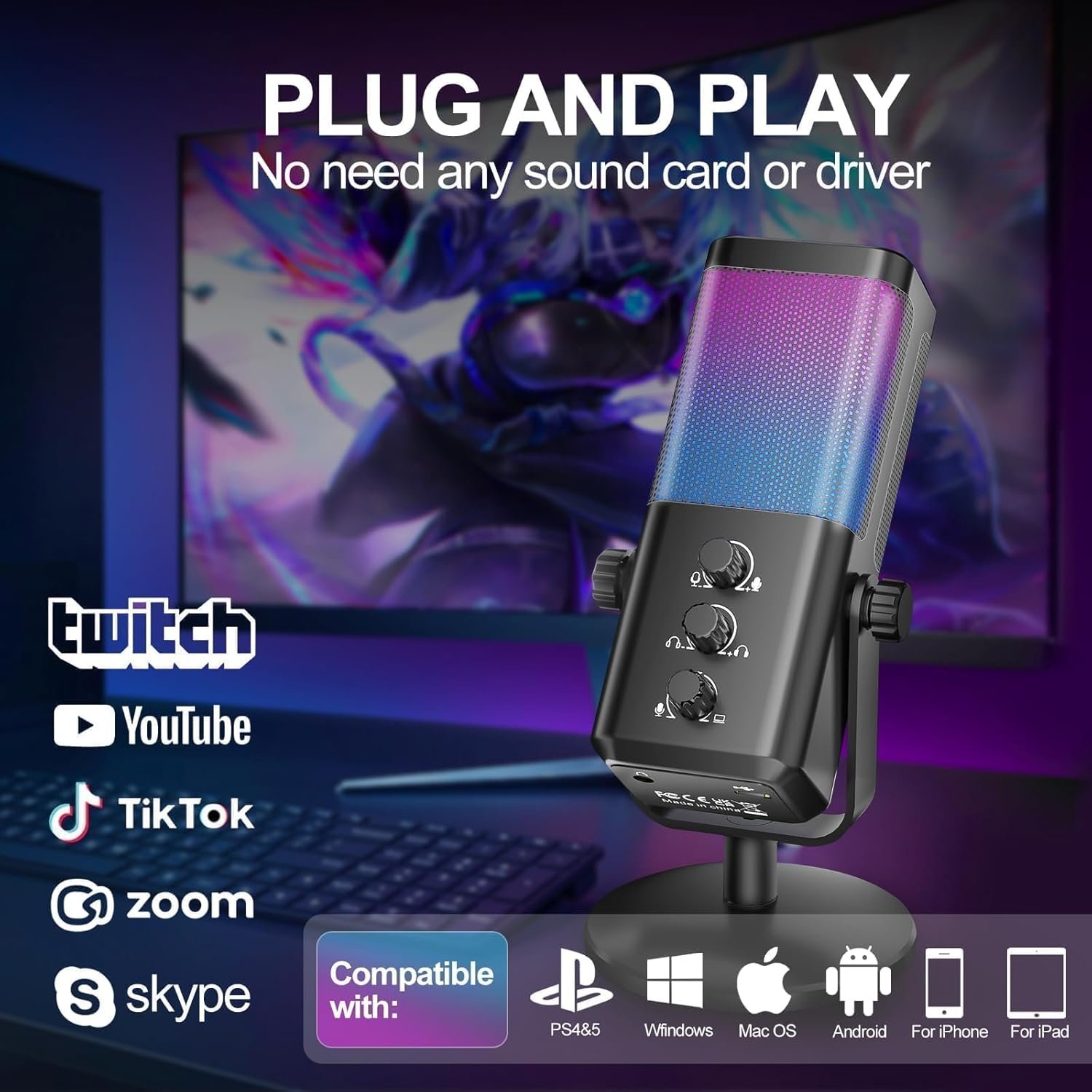 Gaming Mic, with Game Voice Balance& One Touch Noise Cancellation, USB Condenser Microphone for PC/PS4/PS5/Mac, with Mute&Monitoring, RGB Microphone for Podcast, Streaming, Recording, Discord - Image 3
