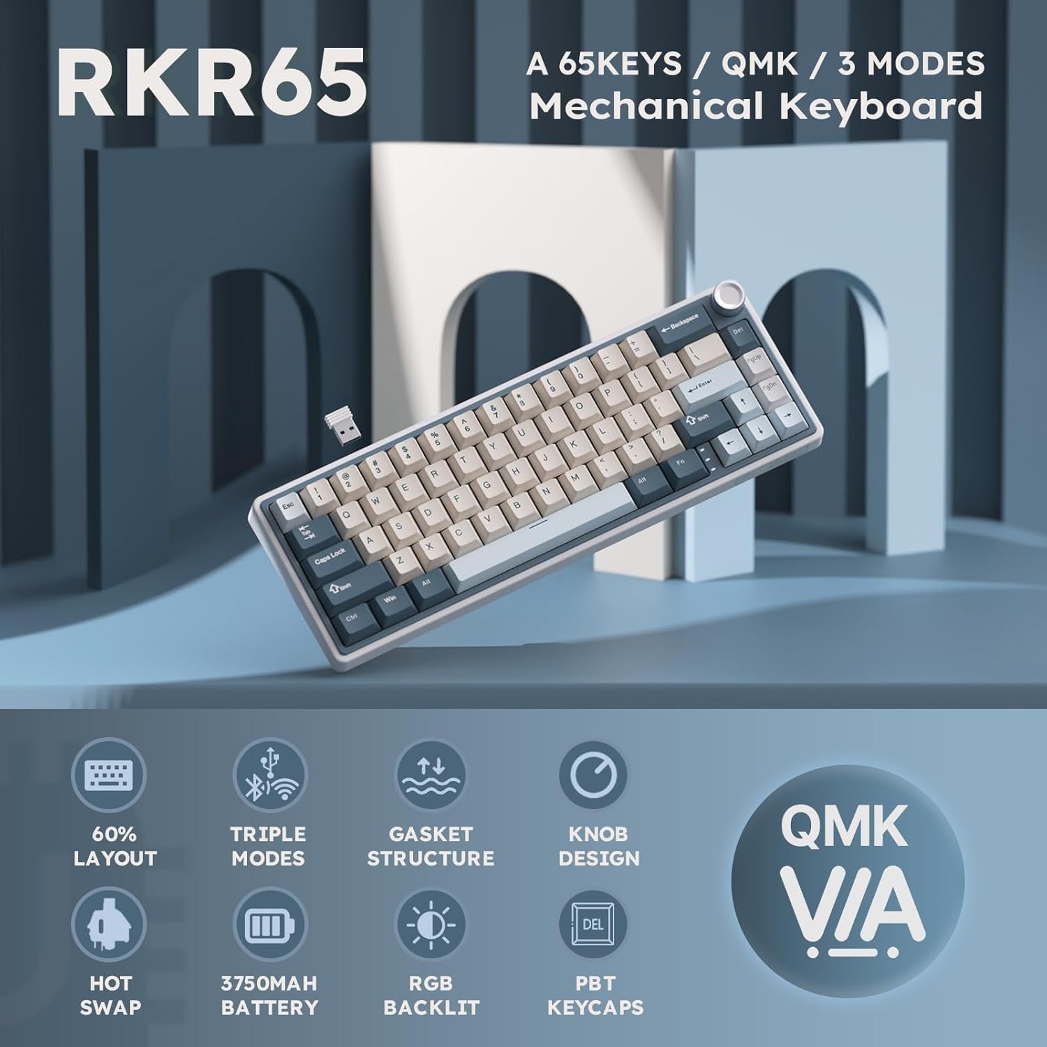 RK ROYAL KLUDGE R65 Wireless Mechanical Keyboard with Volume Knob, Tri-Mode 2.4G/USB-C/BT Gasket Mounted 60% Gaming Keyboard with 66Keys, PBT Keycaps, VIA, Hot Swappable Cream Switch, Blue - Image 3