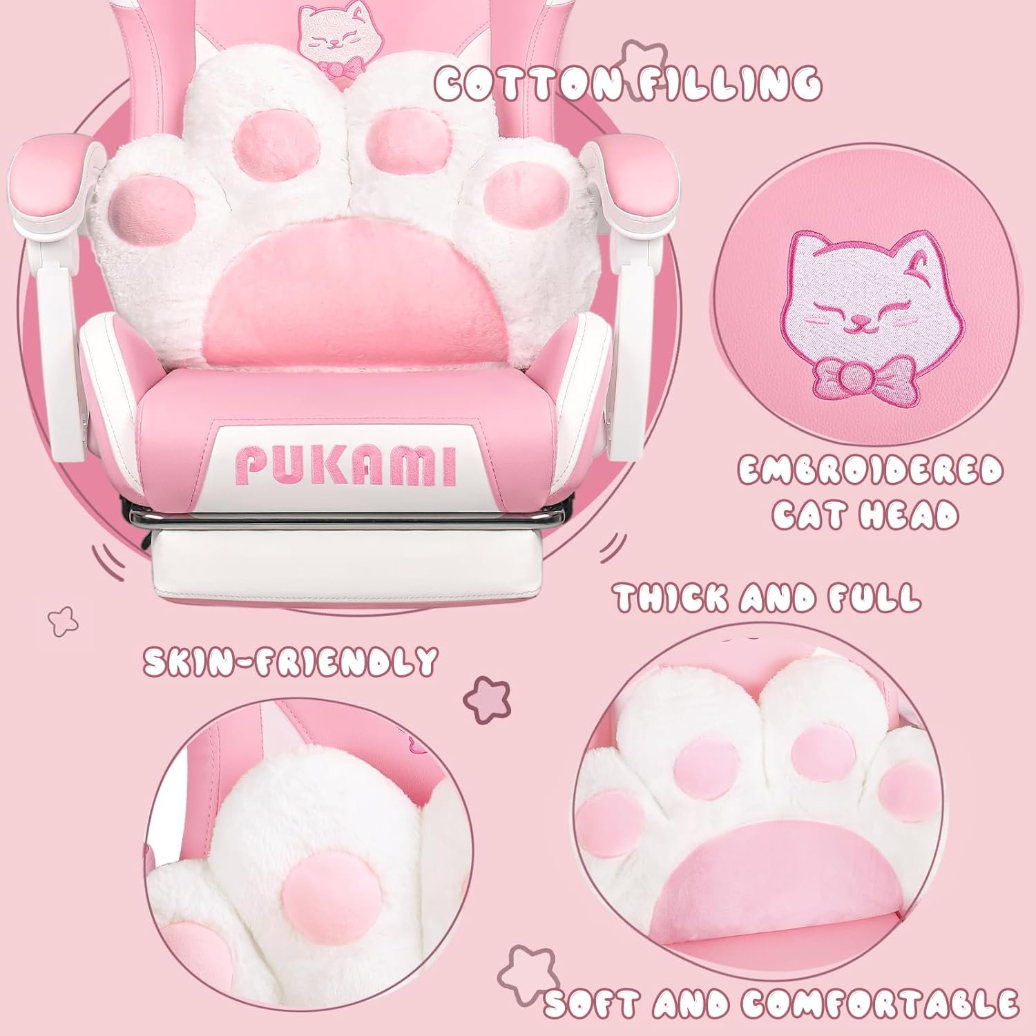 PUKAMI Pink Gaming Chair Cute with Cat Ears and Cat Paw Lumbar Cushion, Ergonomic Computer Chair for Girl with Footrest and Headrest, Comfortable Reclining PC Game Chair for Adult, Teen, Pink - Image 5