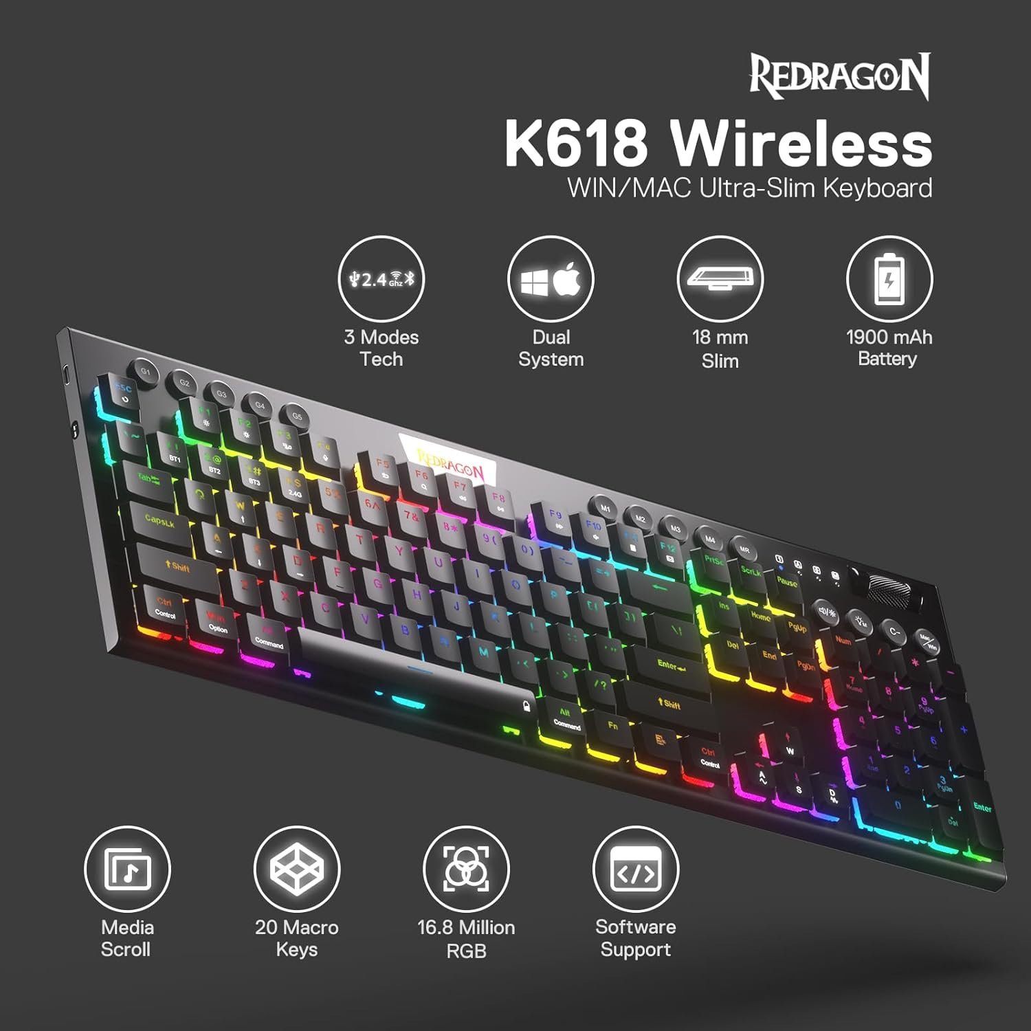 Redragon K618 PRO 3-Mode Wireless RGB Mechanical Keyboard, BT/2.4Ghz/Wired Low Profile Win/Mac Gaming Keyboard w/Ultra-Thin Design, Dedicated Media Control & Linear Red Switch - Image 3