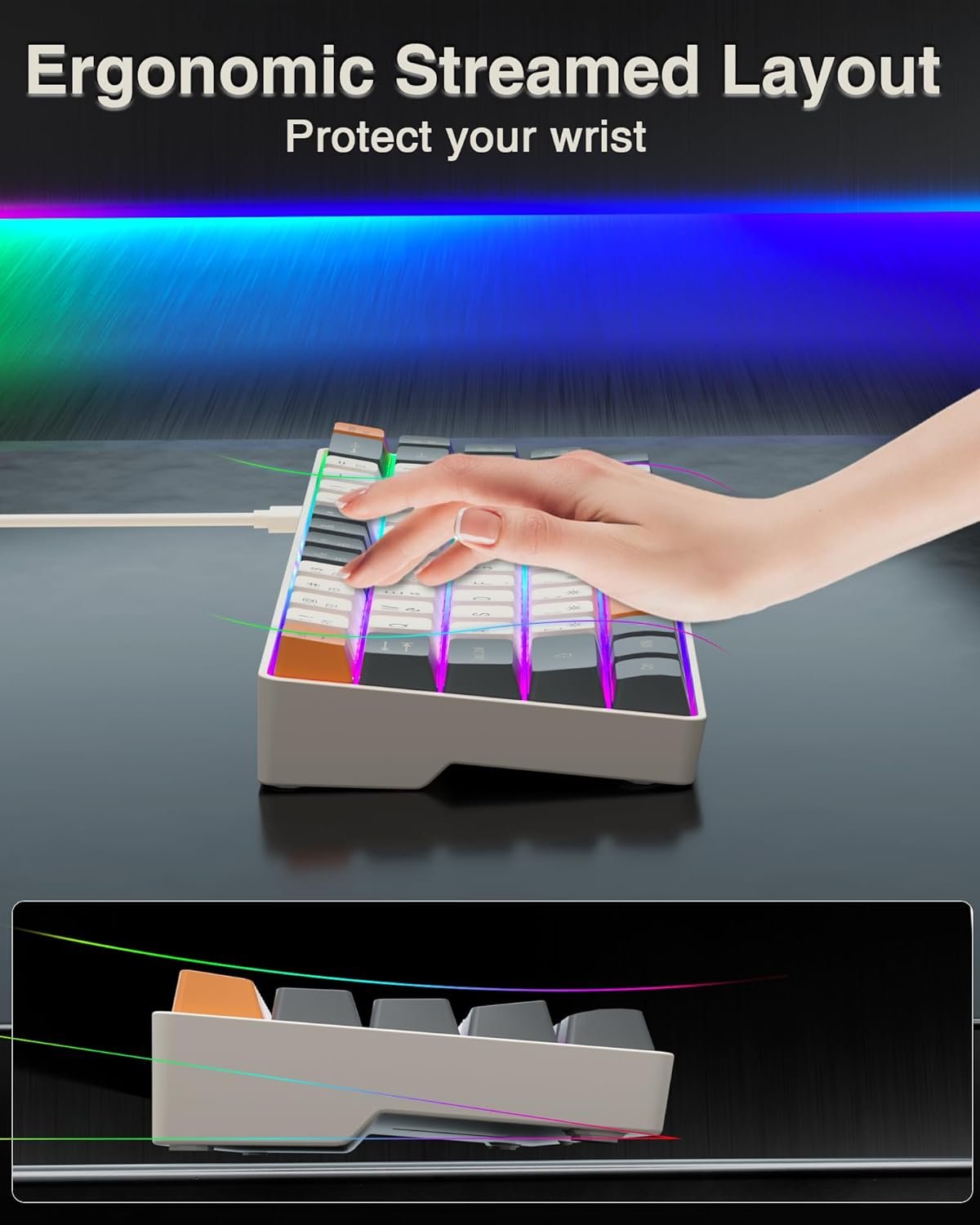 60 Percent Keyboard,RGB Backlit Gaming Keyboard USB-C Wired,Portable 68 Keys Compact Mini Keyboard for Business Trips,Office,PC Games (SK968,Grey&Orange) - Image 9