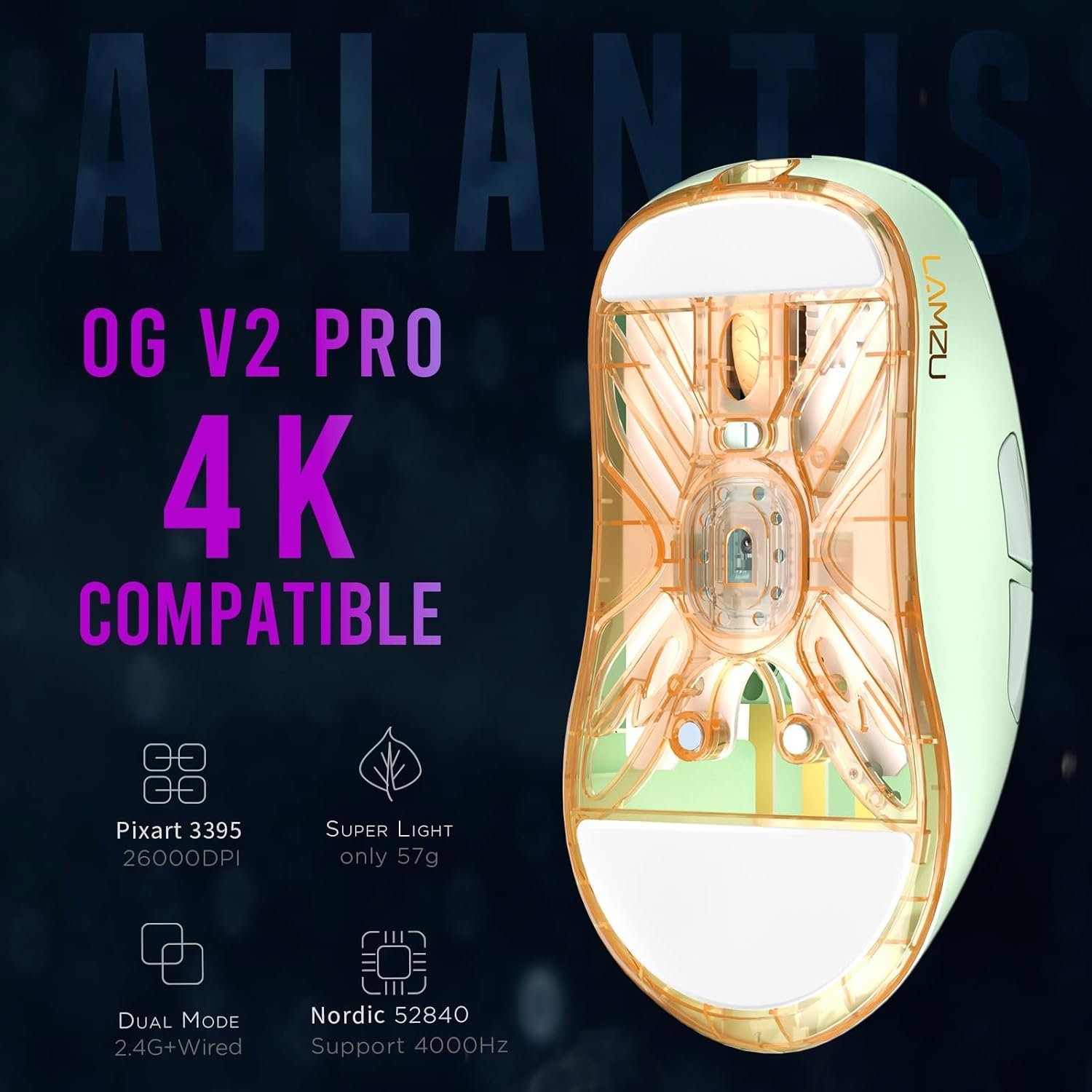 Lamzu Atlantis OG V2 Pro Wireless Gaming Mouse, Ultra Lightweight 57g, 26000 DPI, Symmetrical, Mechanical Switch, Silver TTC Encoder, PAW3395 Sensor, MCU Nordic 52840-Matcha Green - Image 3