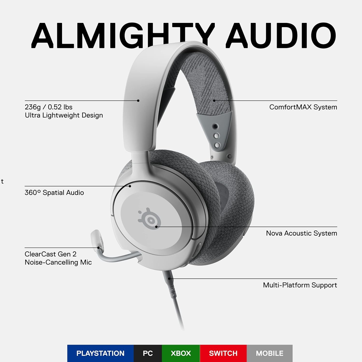 SteelSeries Arctis Nova 1P Multi-System Gaming Headset — Hi-Fi Drivers — 360° Spatial Audio — Comfort Design — Durable — Lightweight — Noise-Cancelling Mic — PS5/PS4, PC, Xbox, Switch - White - Image 3