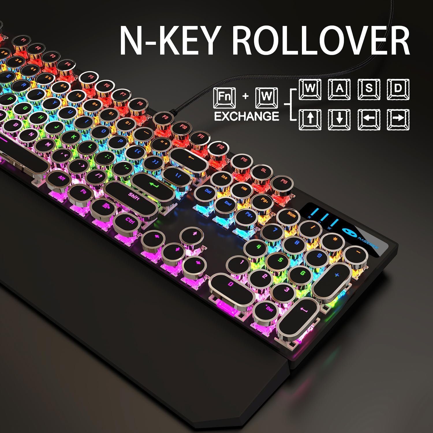 Camiysn Typewriter Style Mechanical Gaming Keyboard, Black Retro Punk Gaming Keyboard with RGB Backlit, 104 Keys Blue Switch Wired Cute Keyboard, Round Keycaps for Windows/Mac/PC - Image 3