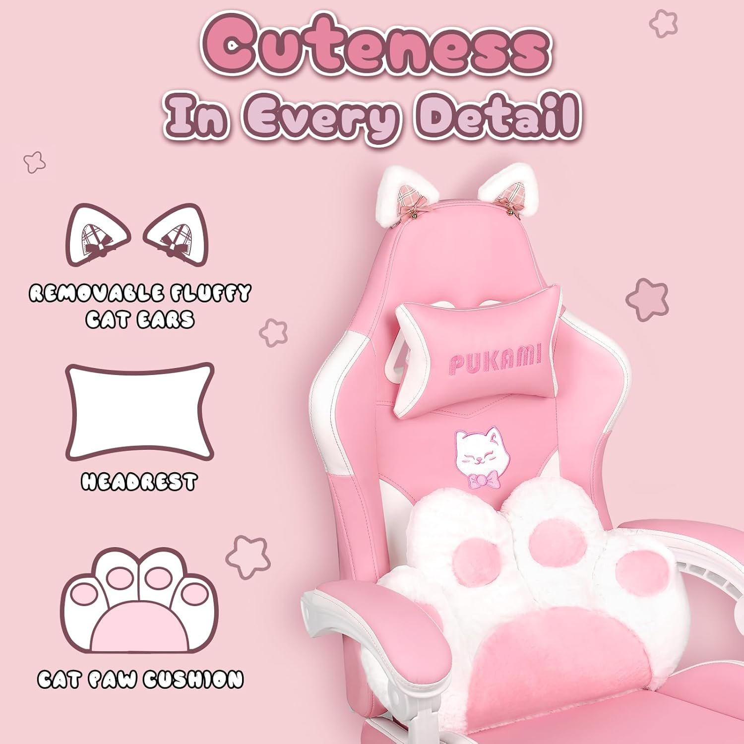 PUKAMI Pink Gaming Chair Cute with Cat Ears and Cat Paw Lumbar Cushion, Ergonomic Computer Chair for Girl with Footrest and Headrest, Comfortable Reclining PC Game Chair for Adult, Teen, Pink - Image 4