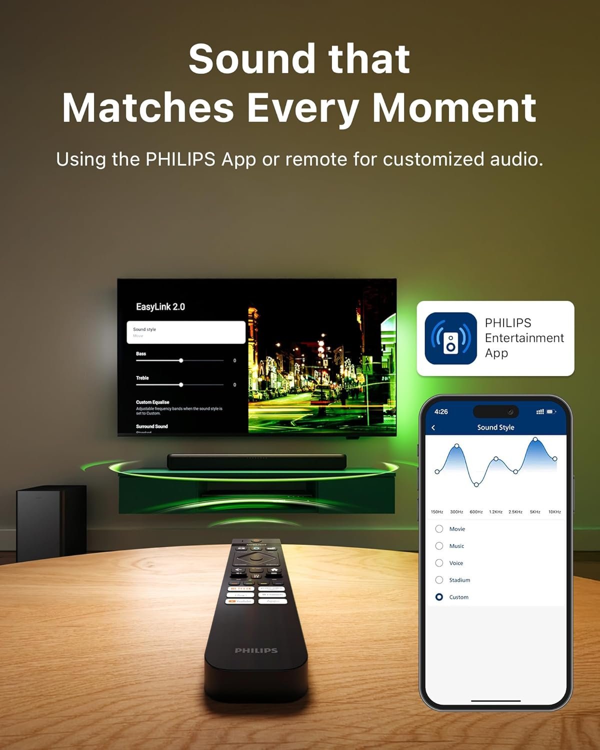 PHILIPS B5309 Soundbar 2.1 with Wireless Subwoofer and Immersive DTS Virtual:X Audio Technology - 240W Max Power, Deep Bass, Bluetooth 5.4, Four EQ Modes, HDMI ARC and USB connectivity - Dark Grey - Image 6