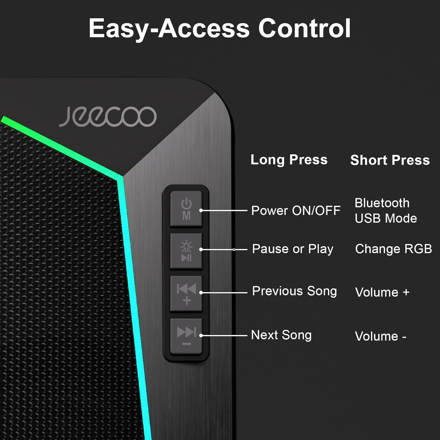 Jeecoo M30 Bluetooth Computer Speakers, PC Gaming Speakers for Desktop with Crisp Stereo Sound, Dynamic LED Modes, Easy-Access Control, 10W - USB-Powered - Image 5