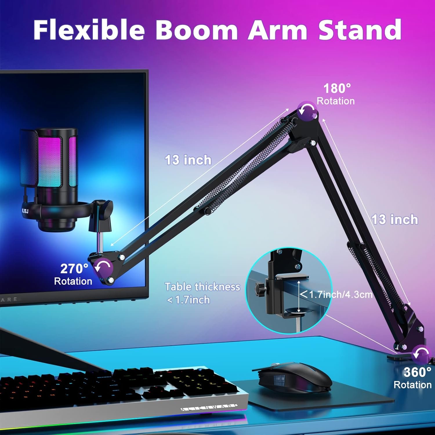 NJSJ USB Gaming Microphone for PC, Condenser Mic with Boom Arm for PS4/ PS5/ Mac/Phone with Touch Mute, RGB Lighting,Gain knob & Monitoring Jack for Streaming,Podcasting,YouTube - Image 7