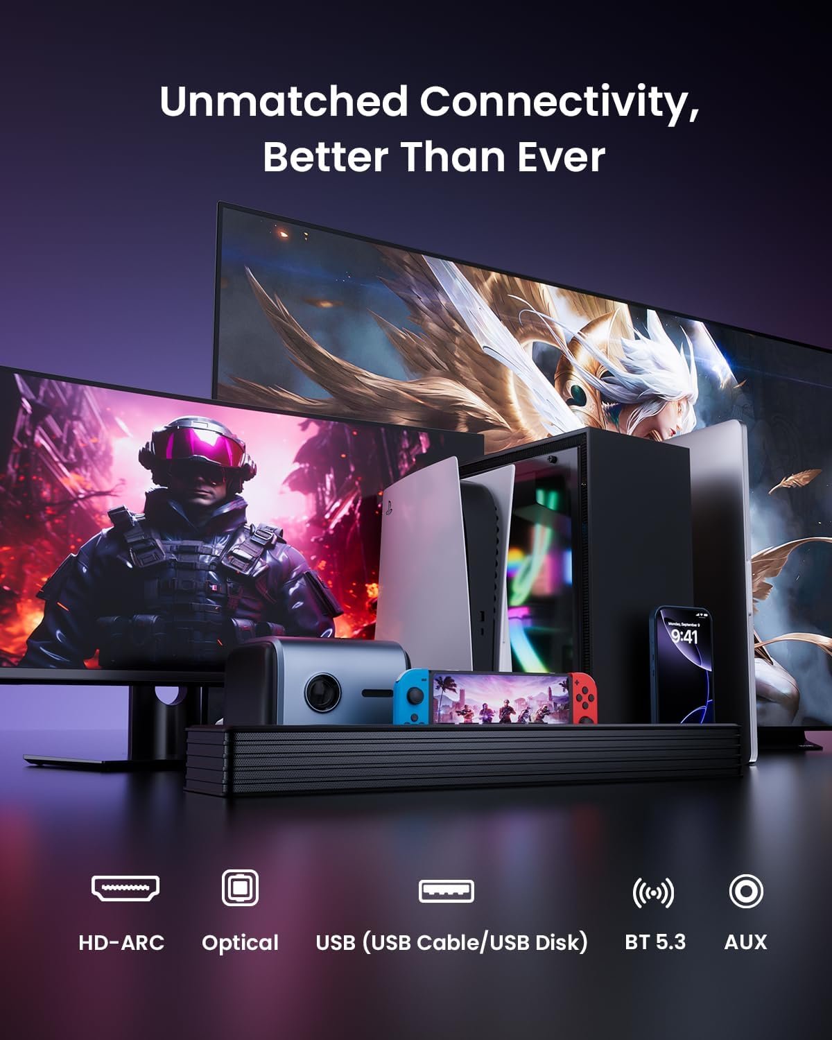 MEREDO Sound Bar for Smart TV 3.1CH PC Gaming Soundbar with Subwoofer RGB Lighting Audio Sync Surround Sound System BT 5.3/HD-ARC/Optical/AUX/USB for Desktop Tablets Consoles Home Cinema - Image 7