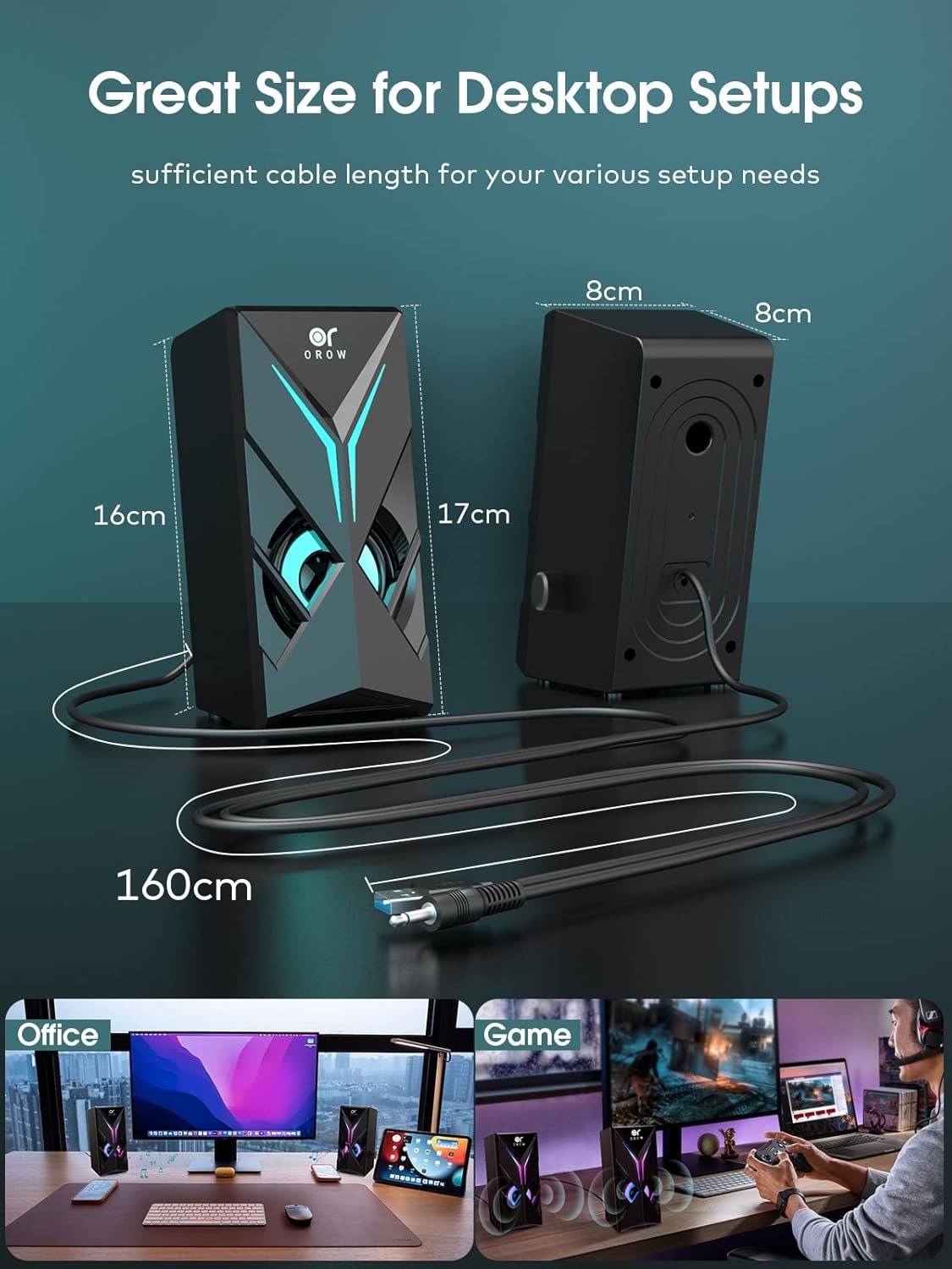 OROW 10W RGB Computer Speakers with Volume Control, Colorful LED Gaming Speakers for PC/Desktop/Laptop/Monitor, 3.5mm Aux Input, Lights On/Off Option (S201) - Image 4