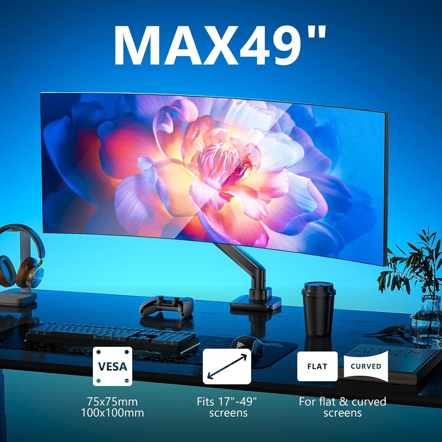 WALI Single Monitor Gas Spring Desk Mount, Heavy Duty Monitor Arm for Ultrawide Screen up to 49 inch, 44 lbs with USB. Fully Adjustable, Mounting Holes 75 and 100 (GSMU001XL), Black - Image 4