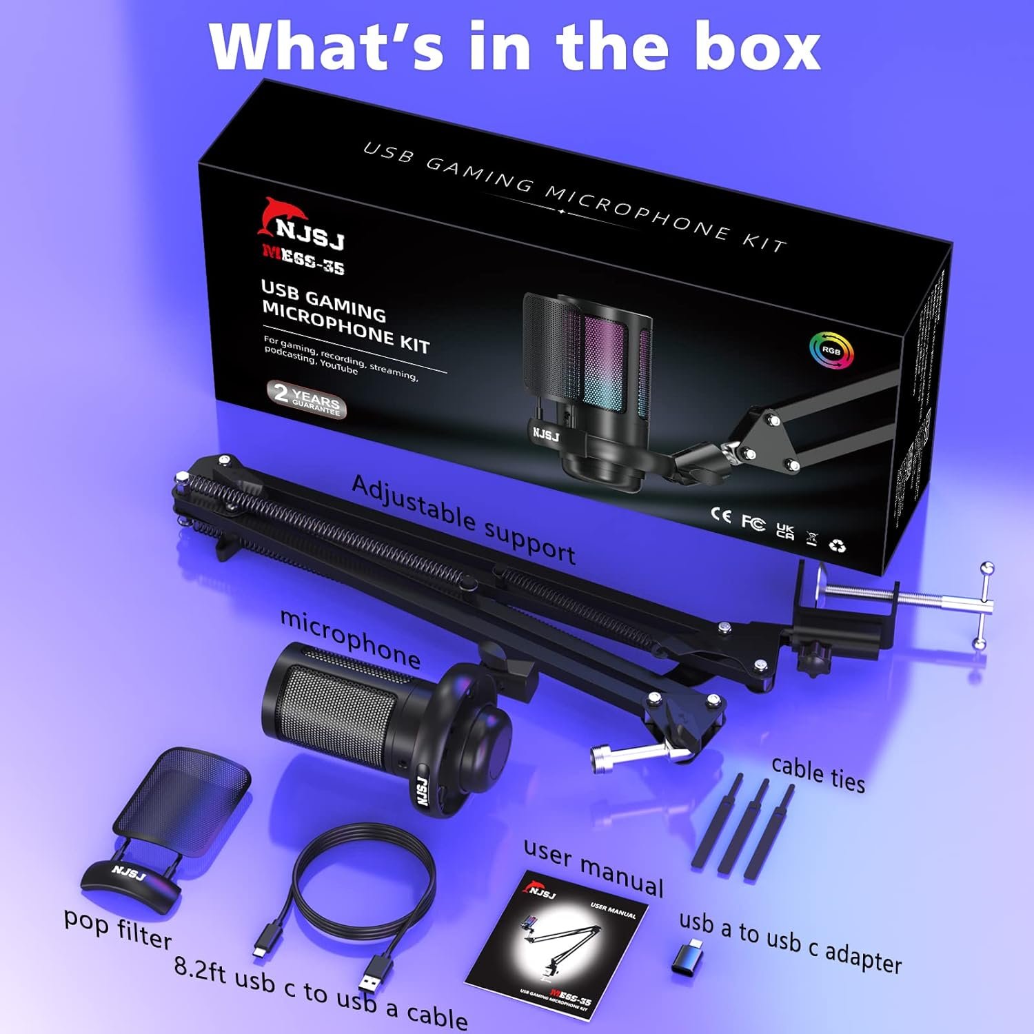 NJSJ USB Gaming Microphone for PC, Condenser Mic with Boom Arm for PS4/ PS5/ Mac/Phone with Touch Mute, RGB Lighting,Gain knob & Monitoring Jack for Streaming,Podcasting,YouTube - Image 9