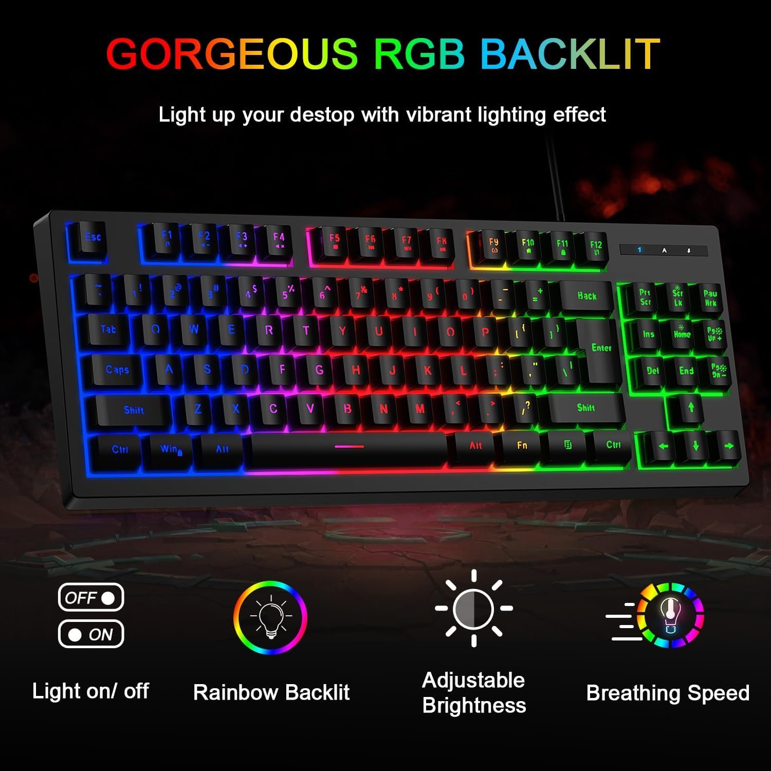 RGB 87 Keys Gaming Keyboard and Backlit Mouse Combo,BlueFinger USB Wired Rainbow Keyboard,Gaming Keyboard Set for Laptop PC Computer Game and Work - Image 3