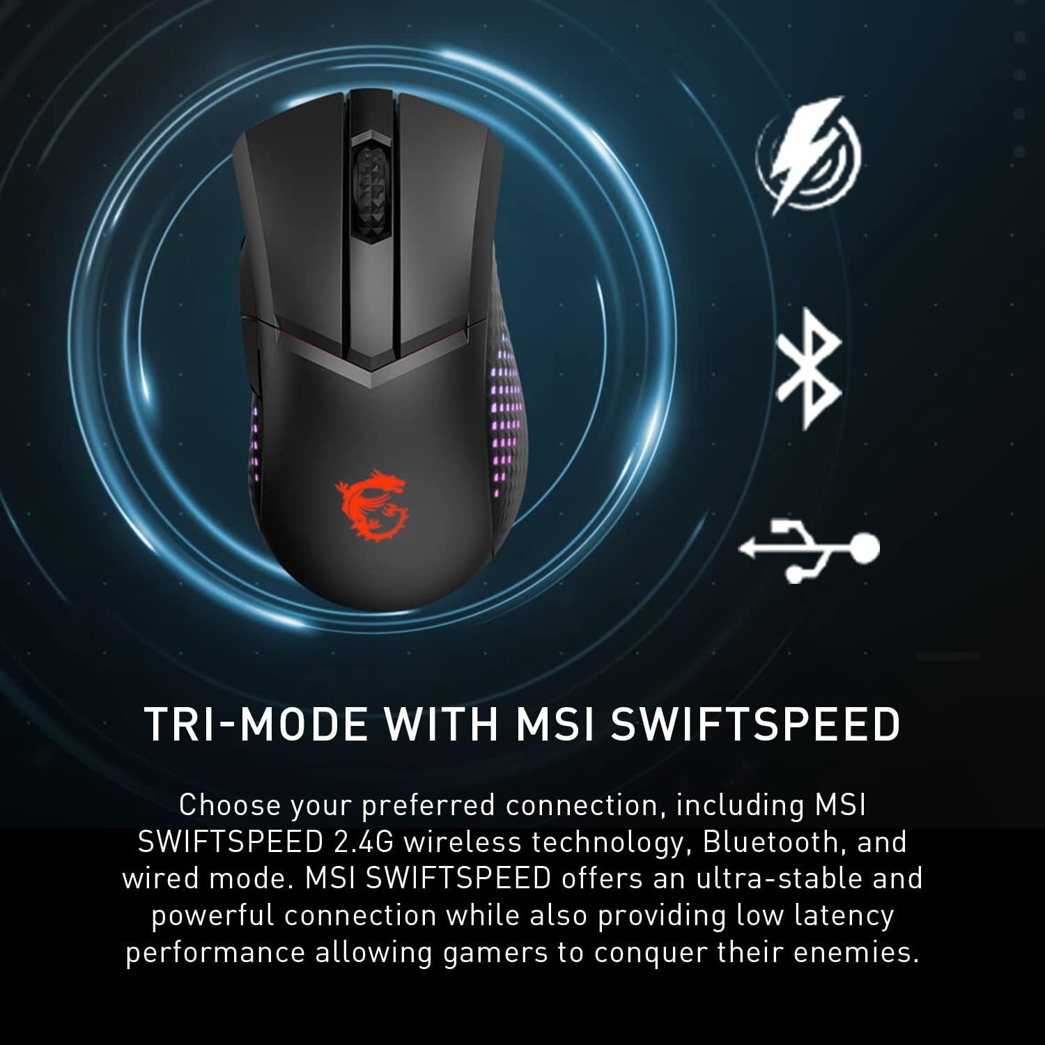 MSI Clutch GM51 Lightweight Wireless Gaming Mouse & Charging Dock, 26K DPI Optical Sensor, 2.4G & Bluetooth, 60M Omron Switches, Fast-Charging, 150Hr Battery, RGB, 5 Programmable Buttons, PC/Mac - Image 4