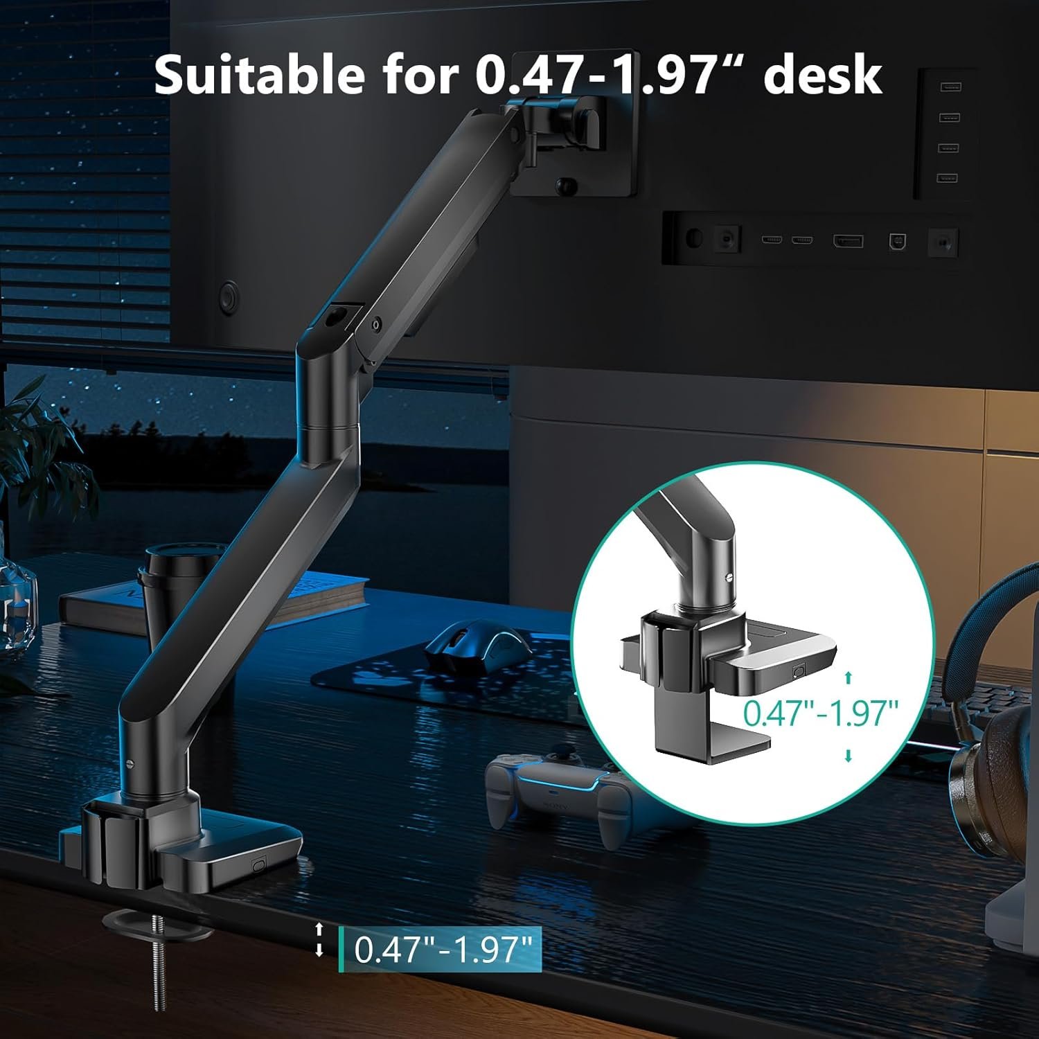 WALI Single Monitor Gas Spring Desk Mount, Heavy Duty Monitor Arm for Ultrawide Screen up to 49 inch, 44 lbs with USB. Fully Adjustable, Mounting Holes 75 and 100 (GSMU001XL), Black - Image 7