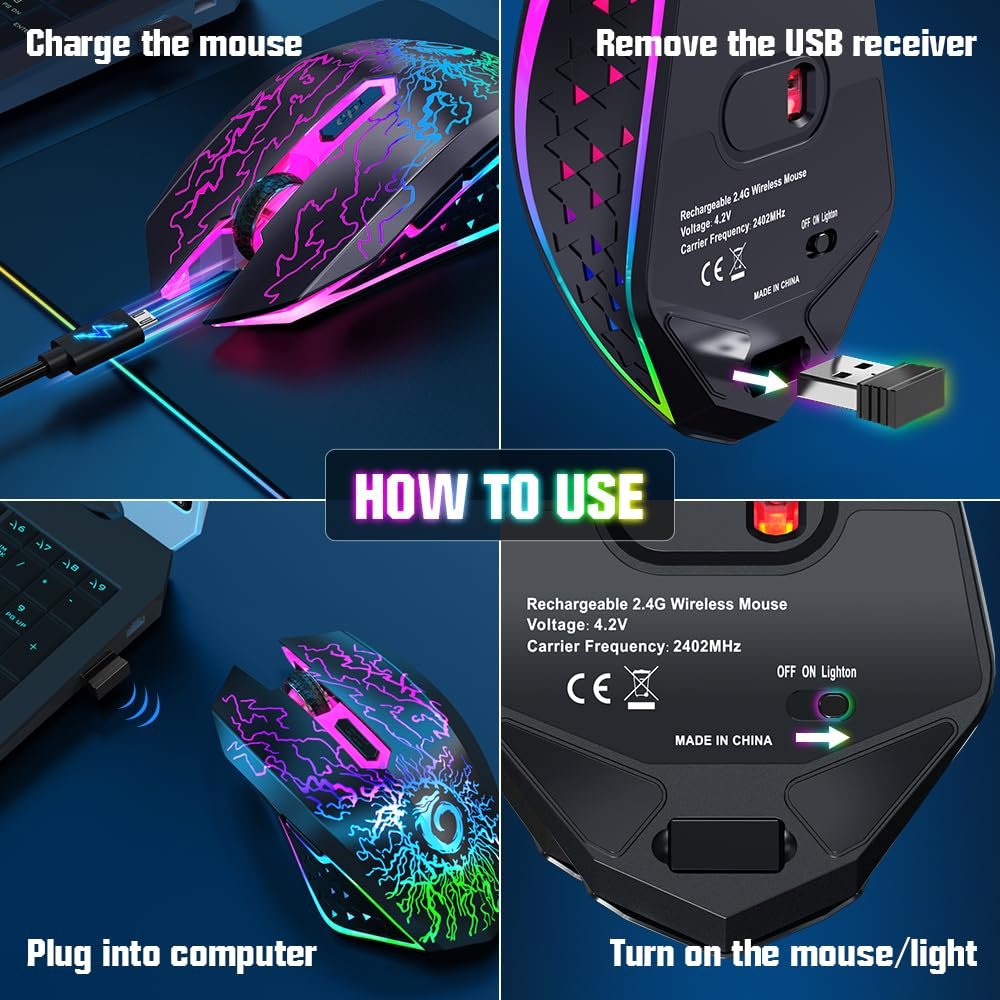 VersionTECH. Wireless Gaming Mouse, Rechargeable Computer Mouse Mice with Colorful LED Lights, Silent Click, 2.4G USB Nano Receiver, 3 Level DPI for PC Gamer Laptop Desktop Chromebook Mac-Black - Image 8