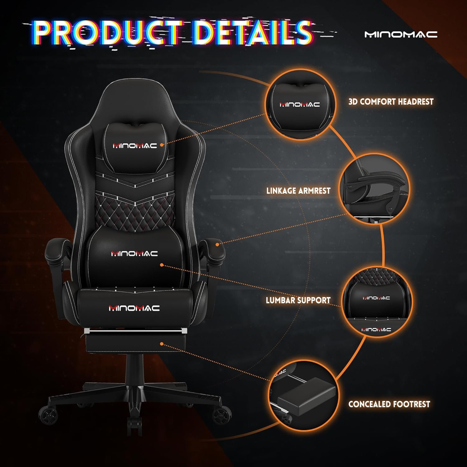 Gaming Chair,Computer Chair with Footrest,Ergonomic backrest and Lumbar Support,Breathable Leather,400LBS Support,Height Adjustable Game Chair with 360°-Swivel (Black) - Image 5
