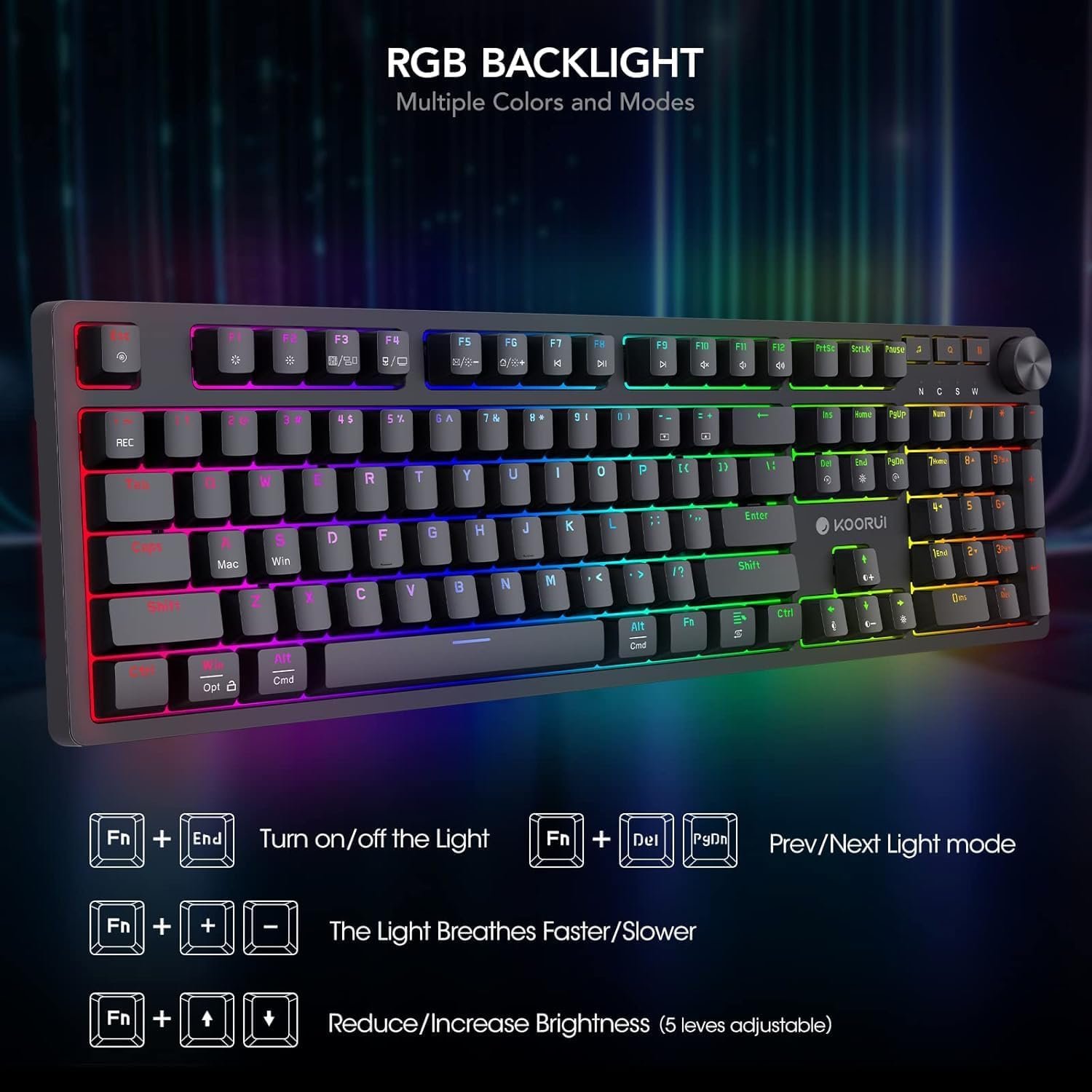 KOORUI Wired Gaming Keyboards with Brown Switch,Hot-Swap Mechanical Keyboard with Volume Knob, 26 RGB Backlit Light Up Keyboard, Full Keys Anti-Ghosting, Dual Color Injection Molded Keycaps for PC - Image 5