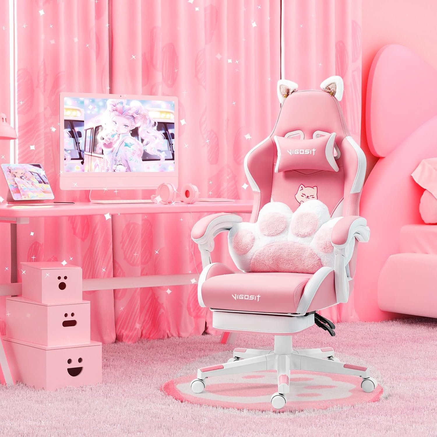 Pink Gaming Chair with Cat Paw Lumbar Cushion and Cat Ears, Ergonomic Computer Chair with Footrest, Reclining PC Game Chair for Girl, Teen - Image 8