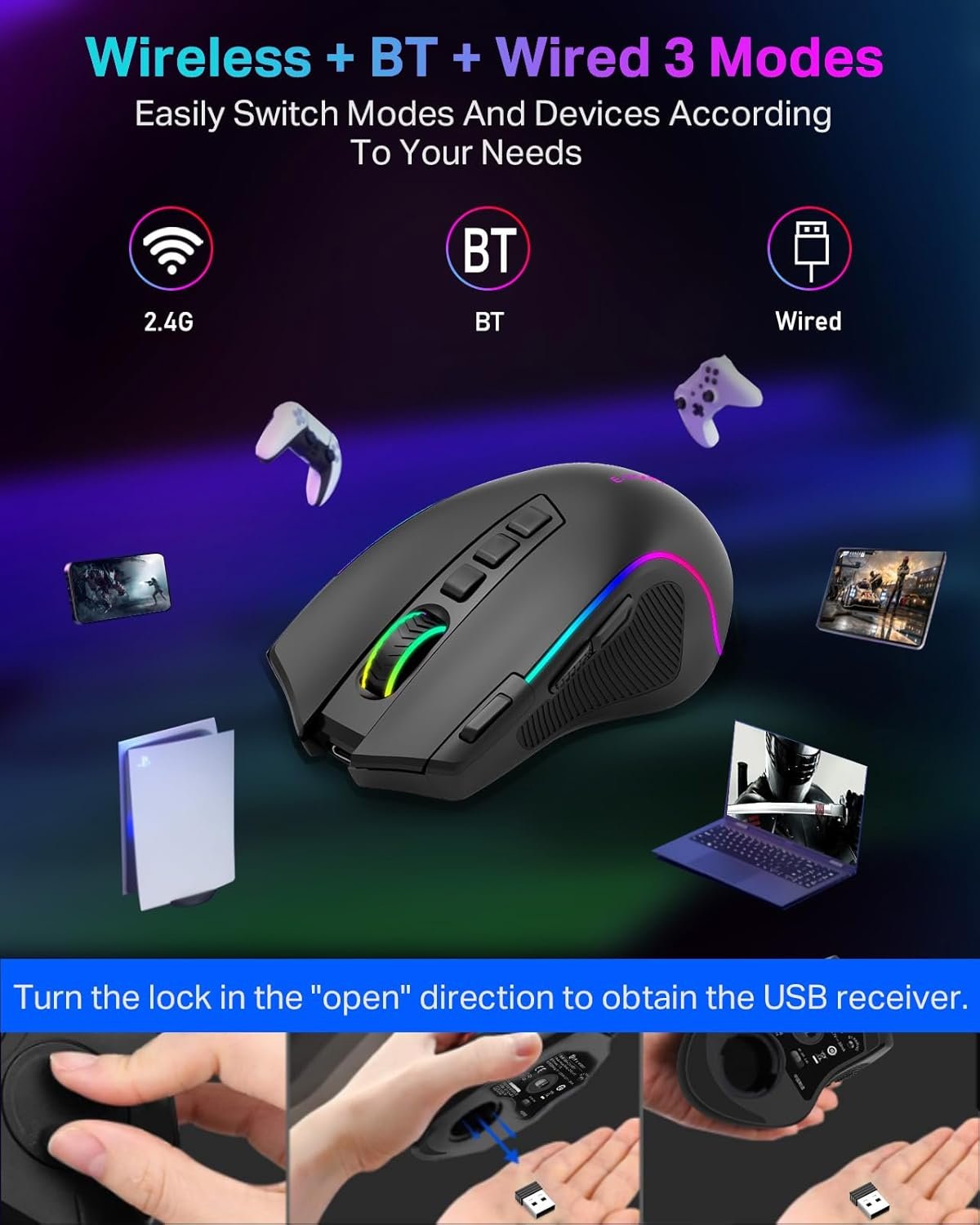 E-YOOSO Gaming Mouse, Tri-Modes Wireless/Bluetooth/Wired Rechargeable RGB Gamer Mouse with 2 Side Buttons, Rapid Fire Key, 8000 DPI, 6 Backlit Modes, 9 Programmable Buttons Macro - Image 4
