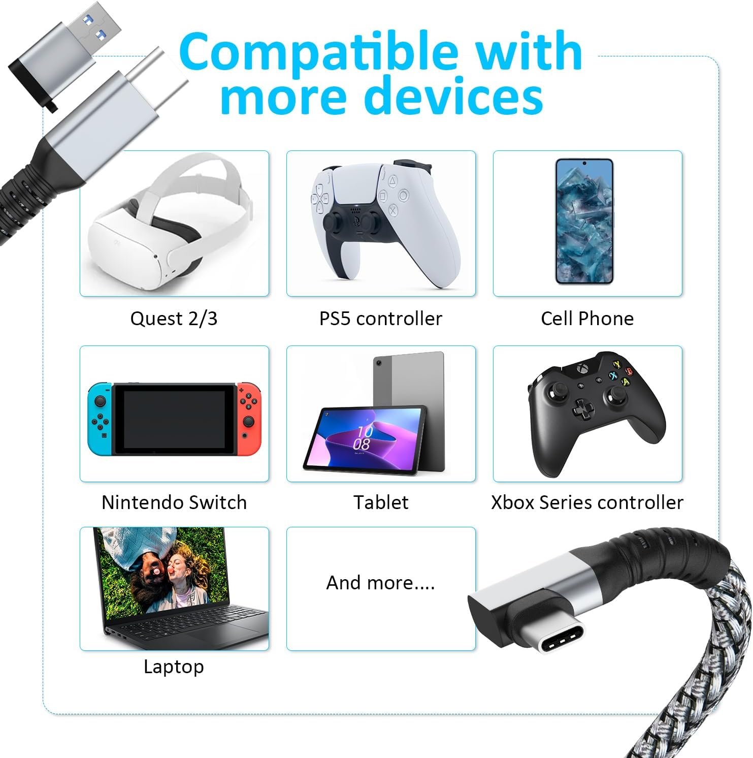 Link Cable 16FT VR Cable Compatible with Meta Oculus Quest 2/Quest 3S/Quest 3/Pro Pico, Nylon Braided Accessories and Gaming PC Steam VR, USB 3.0 Data Transfer Type C Cable, for VR Headset - Image 7