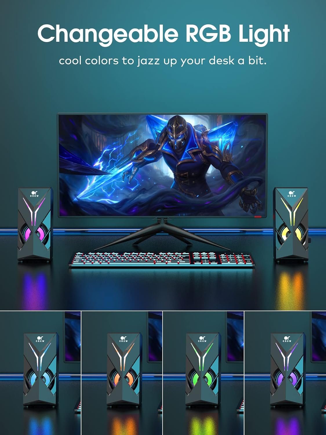 OROW 10W RGB Computer Speakers with Volume Control, Colorful LED Gaming Speakers for PC/Desktop/Laptop/Monitor, 3.5mm Aux Input, Lights On/Off Option (S201) - Image 3