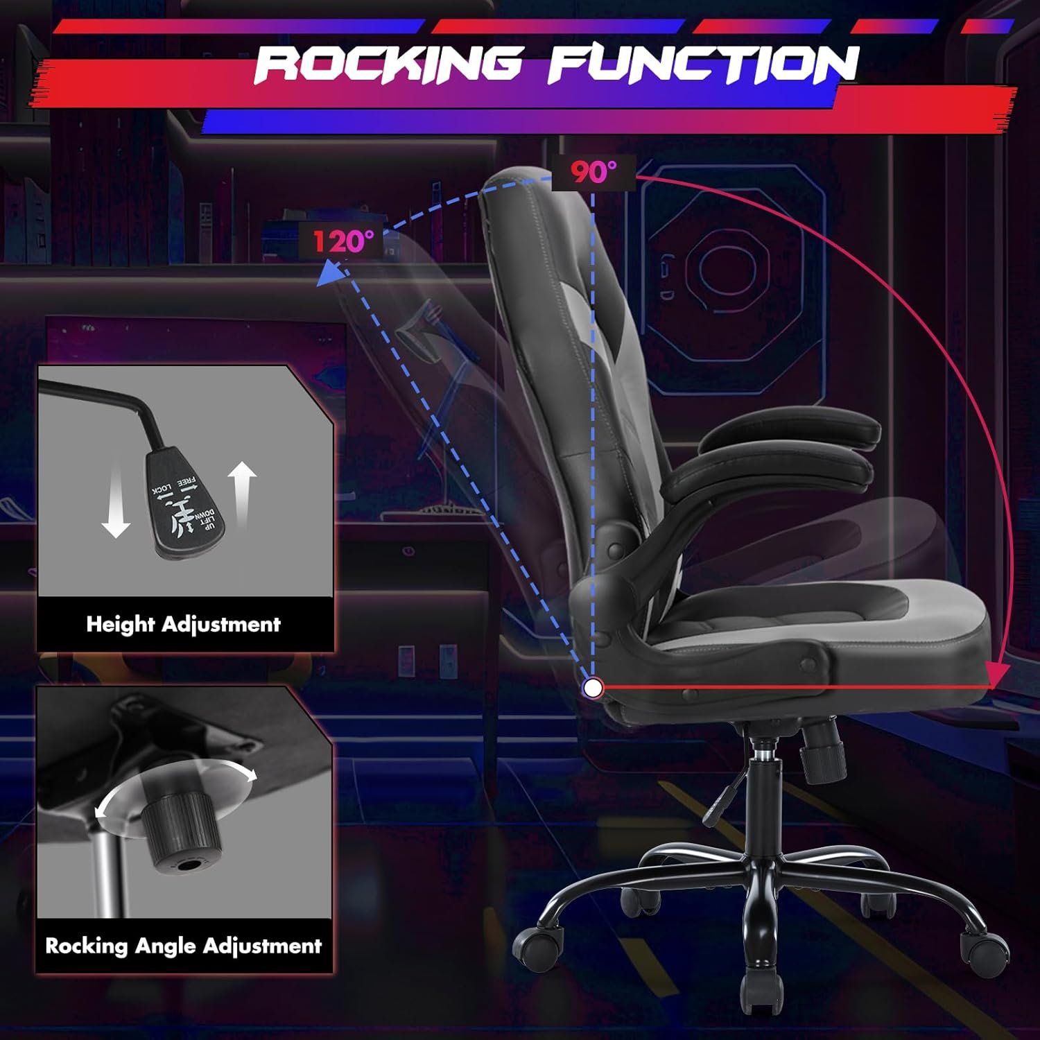 Sweetcrispy Computer Gaming Desk Chair - Ergonomic PU Leather with Comfy Lumbar Support, Height Adjustable Rolling Desk with Flip-up Armrests, for Home and Office - Image 5