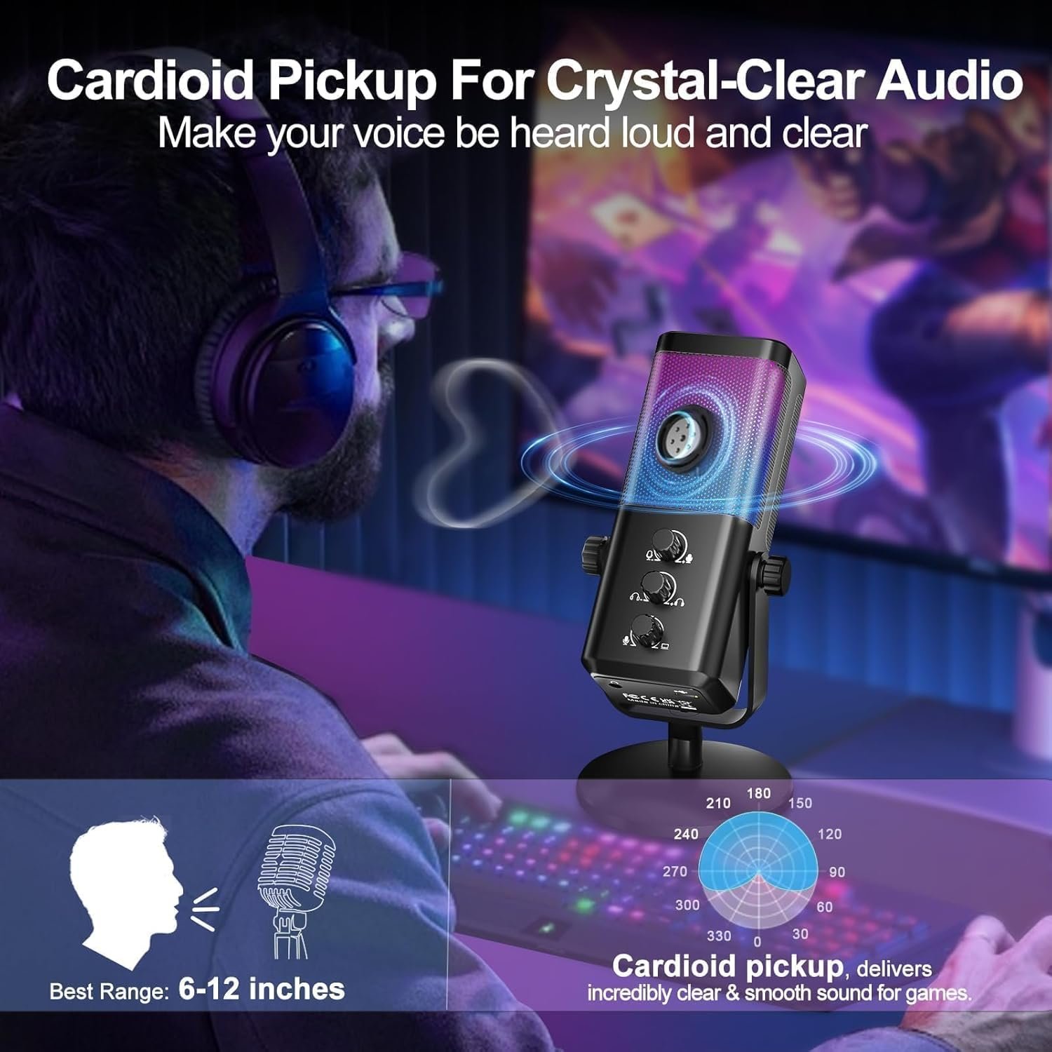 Gaming Mic, with Game Voice Balance& One Touch Noise Cancellation, USB Condenser Microphone for PC/PS4/PS5/Mac, with Mute&Monitoring, RGB Microphone for Podcast, Streaming, Recording, Discord - Image 6